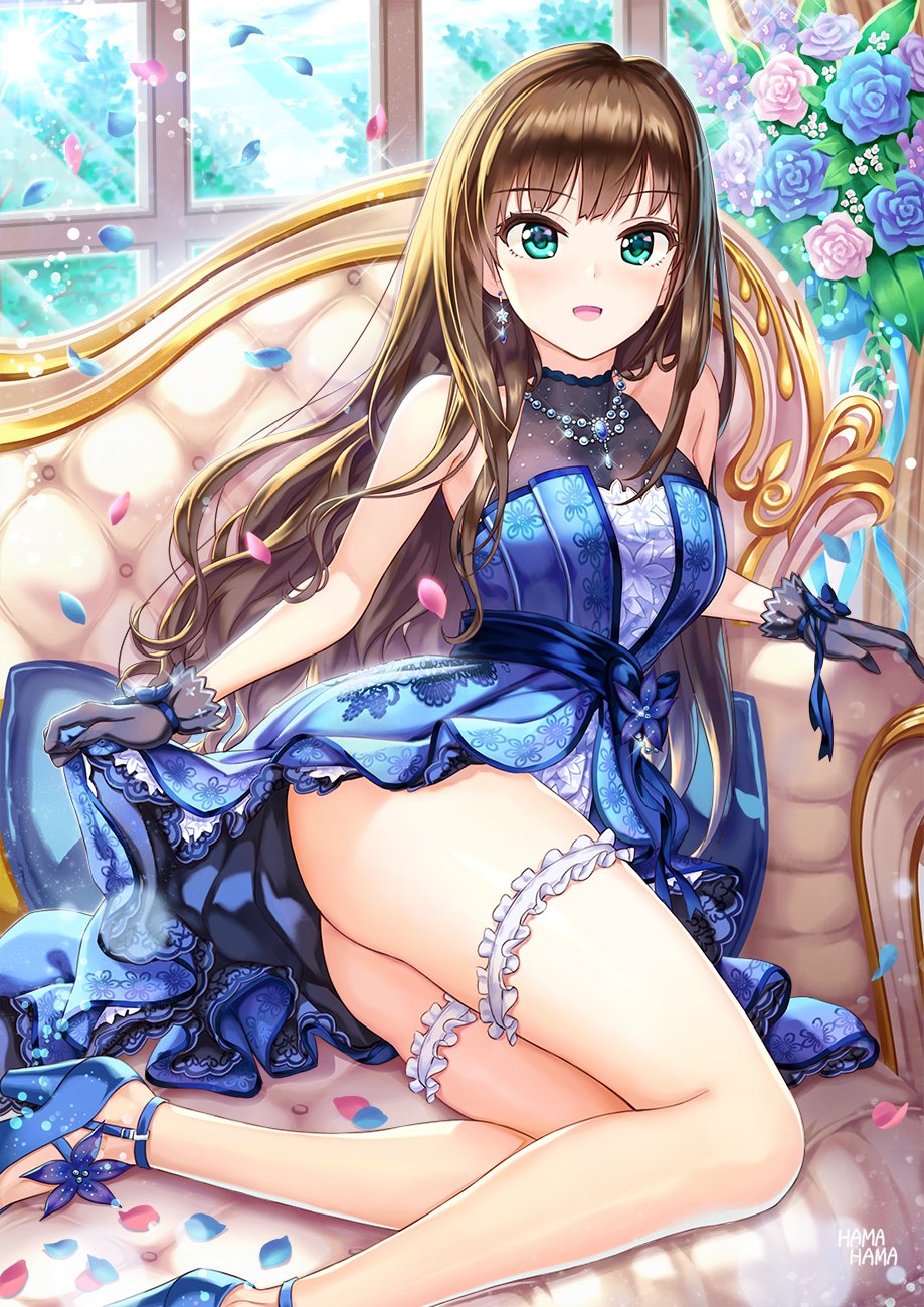 aqua_eyes artist_name ass bangs bare_shoulders blue_footwear blue_high_heels brown_hair clothes_pull couch dress earrings eternal_bloom_(idolmaster) eyebrows_visible_through_hair female female flower frilled_dress frills garter gloves hhama high_heels high_resolution idolmaster idolmaster_cinderella_girls jewelry lace lace_gloves leg_garter light_rays long_hair necklace open_mouth petals rose shibuya_rin shoes skirt skirt_lift skirt_pull smile solo strappy_heels sunbeam sunlight the_idolmaster_cinderella_girls:_starlight_stage tsurime window