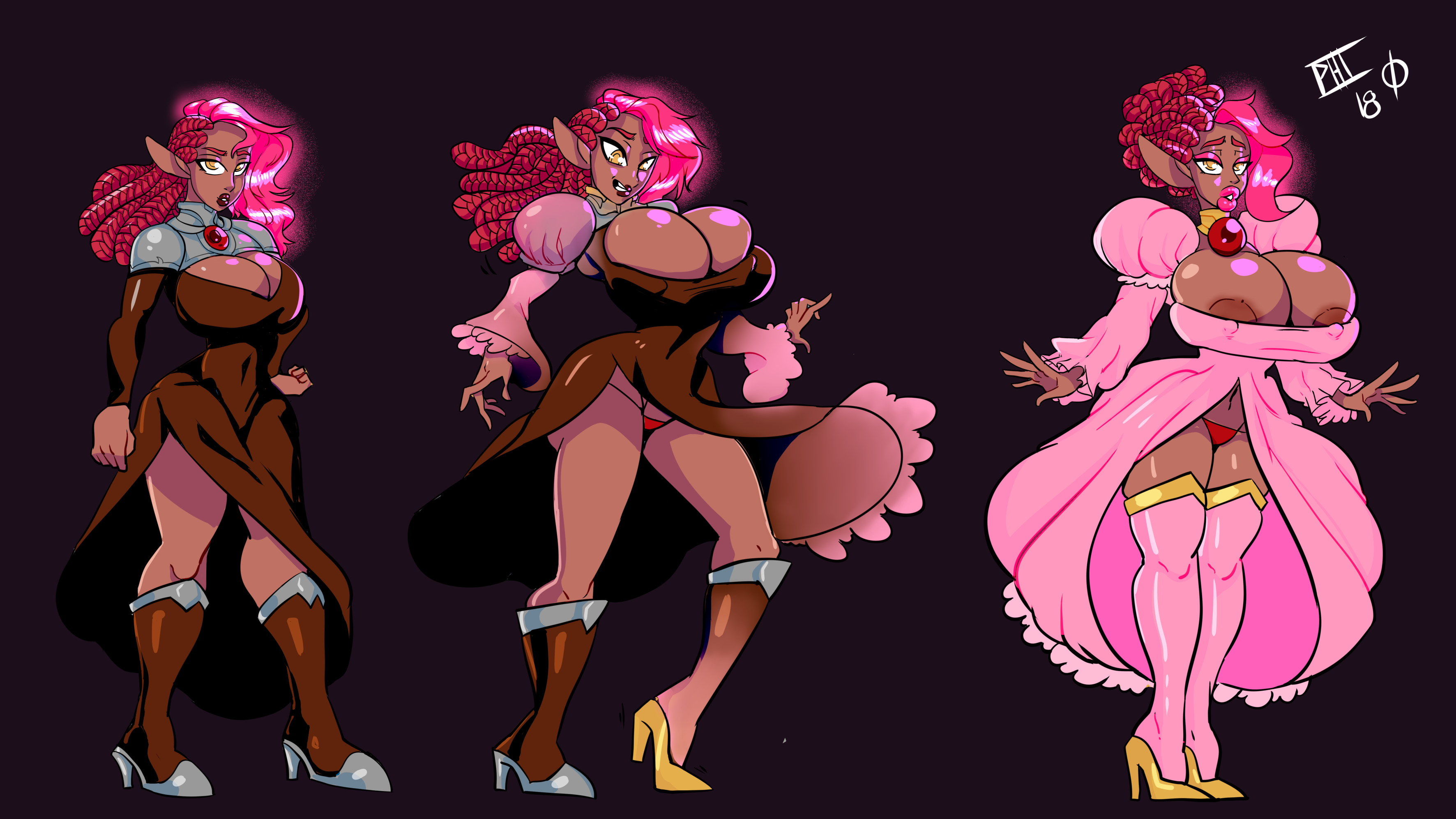 bimbo, bimbofication, bimbophi, breast expansion, breast growth, breast growth (enlargement), breasts, corruption, dark skin, dark-skinned female, dungeons and dragons, elf female, female, high heel boots, high heels, huge breasts, lip expansion, monster girl, navel, nipples, pointy ears, princess, thick lips, thick thighs, transformation, transformation sequence, wide hips