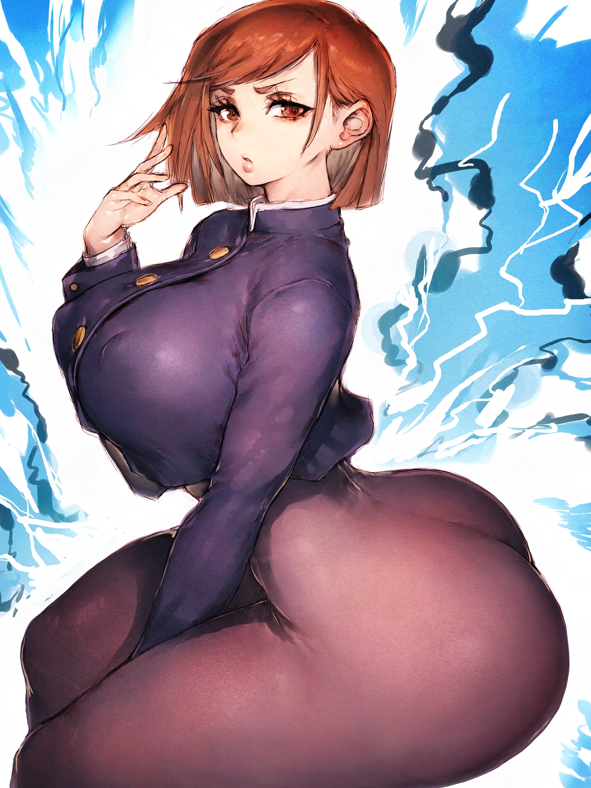 1girls, ass, ass up, big ass, brown hair, brown-haired female, female, female focus, female only, fumio (rsqkr), huge ass, jujutsu kaisen, kugisaki nobara, light skin, light-skinned female, looking at viewer, pale skin, pale-skinned female, simple background, solo, solo female, solo focus, thick thighs, wide hips