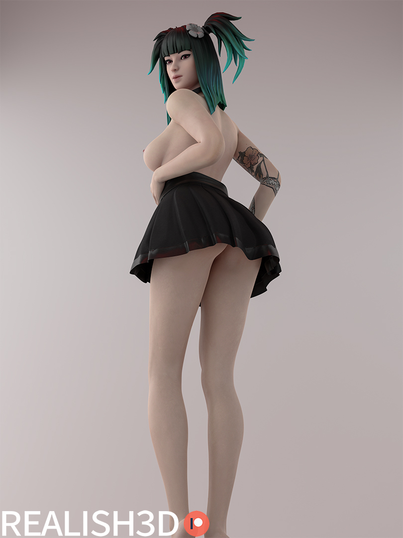 1girls, 3d, ass, black collar, black skirt, breasts, charlotte (fortnite), collar, eyebrows, eyelashes, eyeshadow, female, female only, fortnite, fortnite: battle royale, human, light skin, light-skinned female, looking at viewer, nipples, pale skin, pale-skinned female, realish3d, red eyes, short hair, sideboob, skirt, solo, solo female, straight, tattoo, twintails, two-tone hair