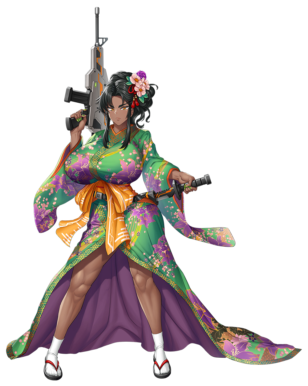 1girls armed assault_rifle big_breasts black_hair breasts bursting_breasts busty cleavage dark-skinned_female dark_skin drawing_weapon enormous_breasts facing_viewer female female_only flower_hair_ornament flowers flowers_in_hair full_body gigantic_breasts gun hair_ornament hi_res high_resolution highres holding_glass holding_weapon huge_breasts japanese_clothes japanese_clothing kimono lilith-soft long_gun looking_at_viewer magazine_(gun) magazine_(weapon) makeup mascara massive_breasts mirabell_bell multicolored muscular muscular_female nail_polish obui official_art overflowing_breasts rifle roses scabbard sidelocks solo standing sword taimanin_(series) taimanin_rpgx thick_thighs thighs top_heavy unsheathing voluptuous weapon white_background yellow_eyes yukata