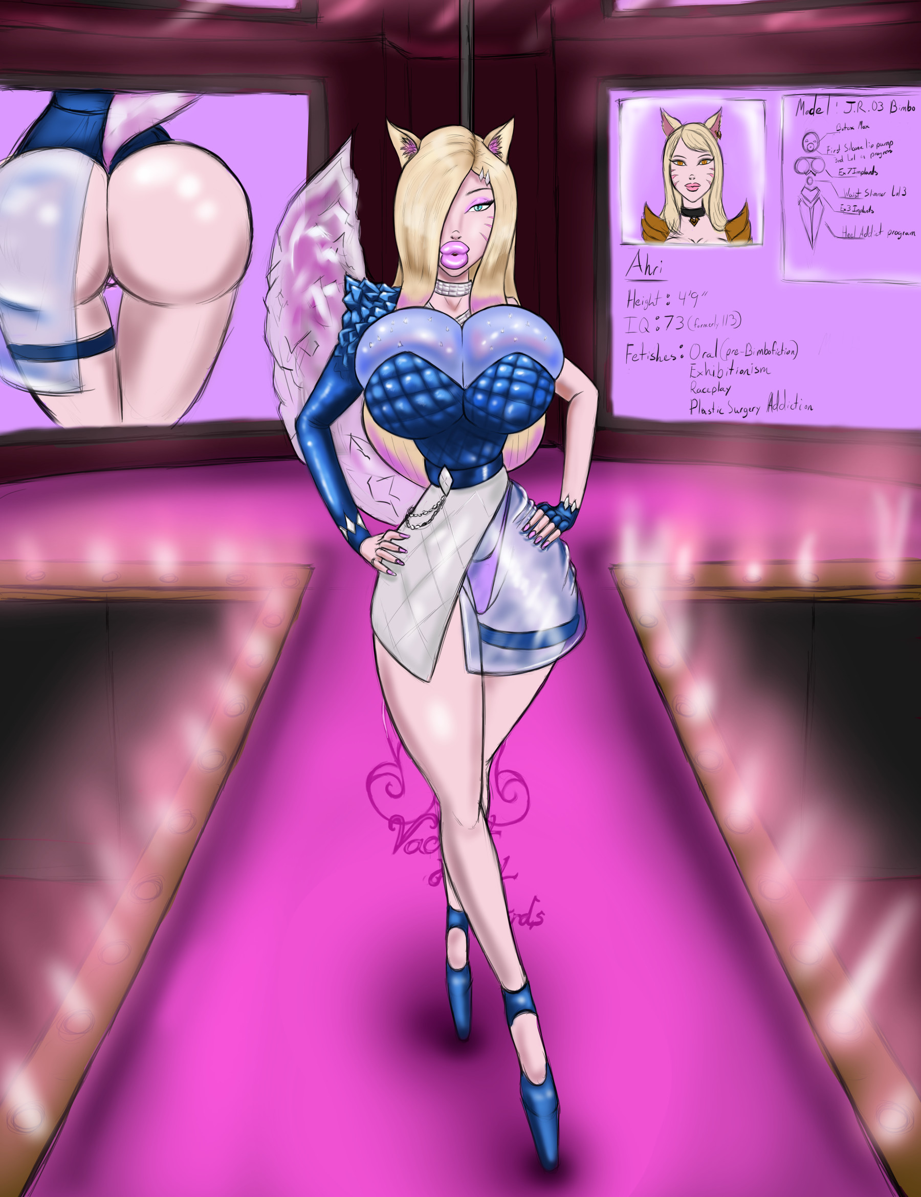 ahri, ass, bimbo, bradtanker3, breasts, fake breasts, female, fox ears, fox girl, fox tail, high heels, huge ass, huge breasts, hyper bimbo, implied transformation, k/da ahri, k/da all out ahri, k/da all out series, k/da series, league of legends, navel, pink lipstick, posing, riot games, see-through, thick lips, thick thighs, transformation, wide hips