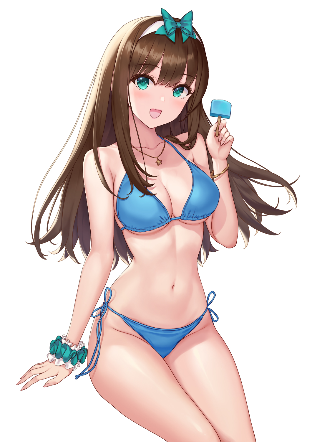 bangs bare_arms bare_legs bare_shoulders bikini blue_bikini blush bracelet breasts brown_hair clavicle cleavage cowboy_shot eyebrows_visible_through_hair female female_only food hairband hamahama hhama high_resolution holding idolmaster idolmaster_cinderella_girls jewelry legs long_hair looking_at_viewer medium_breasts navel necklace open_mouth pixiv_id_1128428 popsicle scrunchie shibuya_rin simple_background smile solo swimsuit underboob white_background wrist_scrunchie