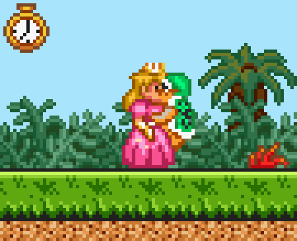 16-bit 1boy 1boy1girl 1girls blonde_hair_female clothed_female female fully_clothed hammer_bros. hugging human kissing koopa long_gloves long_hair mario_(series) nintendo pink_dress pixel pixel_art princess princess_peach snes sperm super_mario_bros._2 super_nintendo_entertainment_system timer