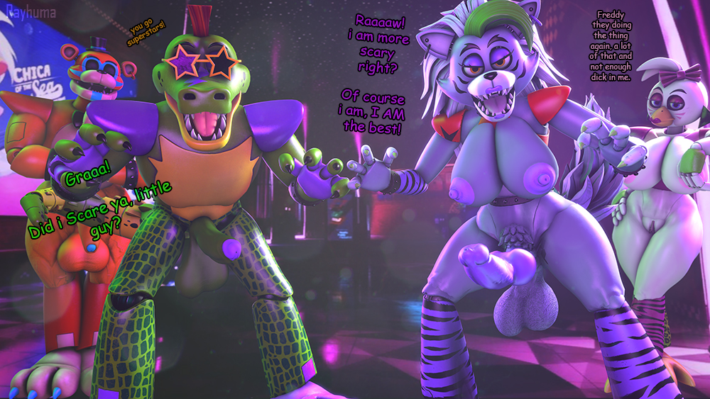 1futa, 1girls, 2boys, 3d, 3d model, animatronic, anthro, balls, breasts, canine, canine penis, dialogue, female, five nights at freddy's, five nights at freddy's: security breach, fnaf, futa with male, futanari, glamrock chica (fnaf), glamrock freddy (fnaf), intersex, knot, looking at viewer, male, mega pizzaplex, montgomery gator (fnaf), penis, rayhuma, roxanne wolf (fnaf), scottgames, steel wool studios, text, wolf