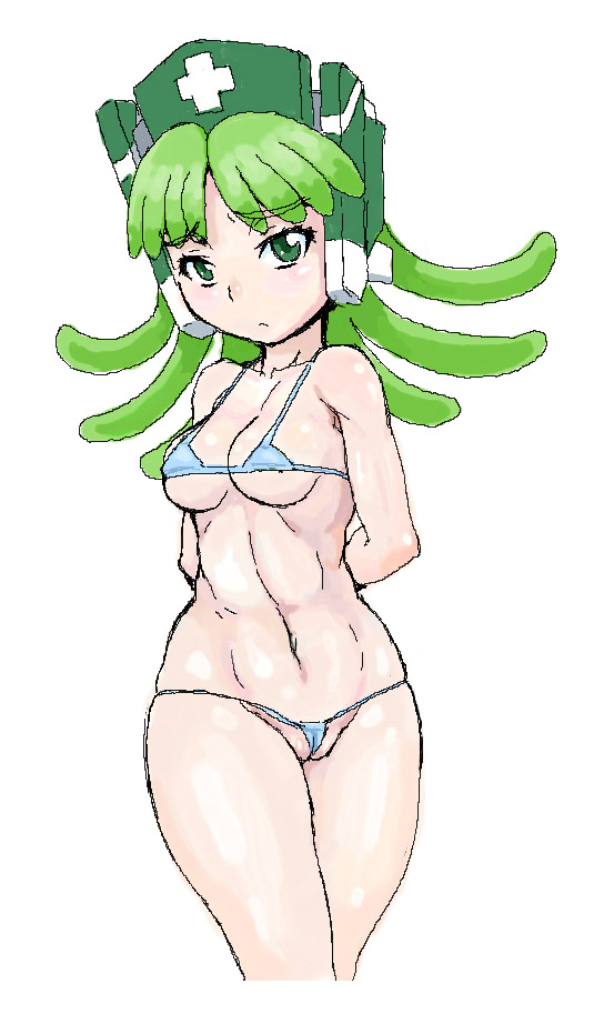 abs bikini female green_eyes green_hair large_breasts long_hair micro_bikini mugenborg nurse oomaeda solo swimsuit