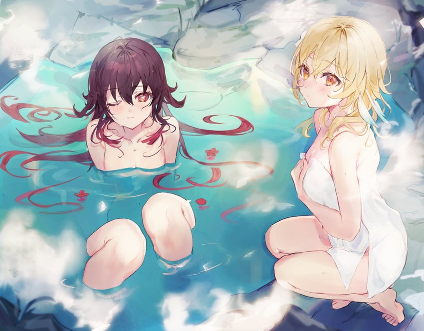 2girls, barefoot, black hair, blonde hair, breasts, brown eyes, collarbone, eyebrows visible through hair, feather hair ornament, feathers, feet, female, flower, genshin impact, hair between eyes, hair flower, hair ornament, highres, hot spring, hu tao (genshin impact), long hair, looking at viewer, lumine (genshin impact), multiple females, multiple girls, naked towel, one eye closed, onsen, partially submerged, red eyes, sia job, sitting, squatting, steam, symbol-shaped pupils, toes, towel, water, wet, wet hair