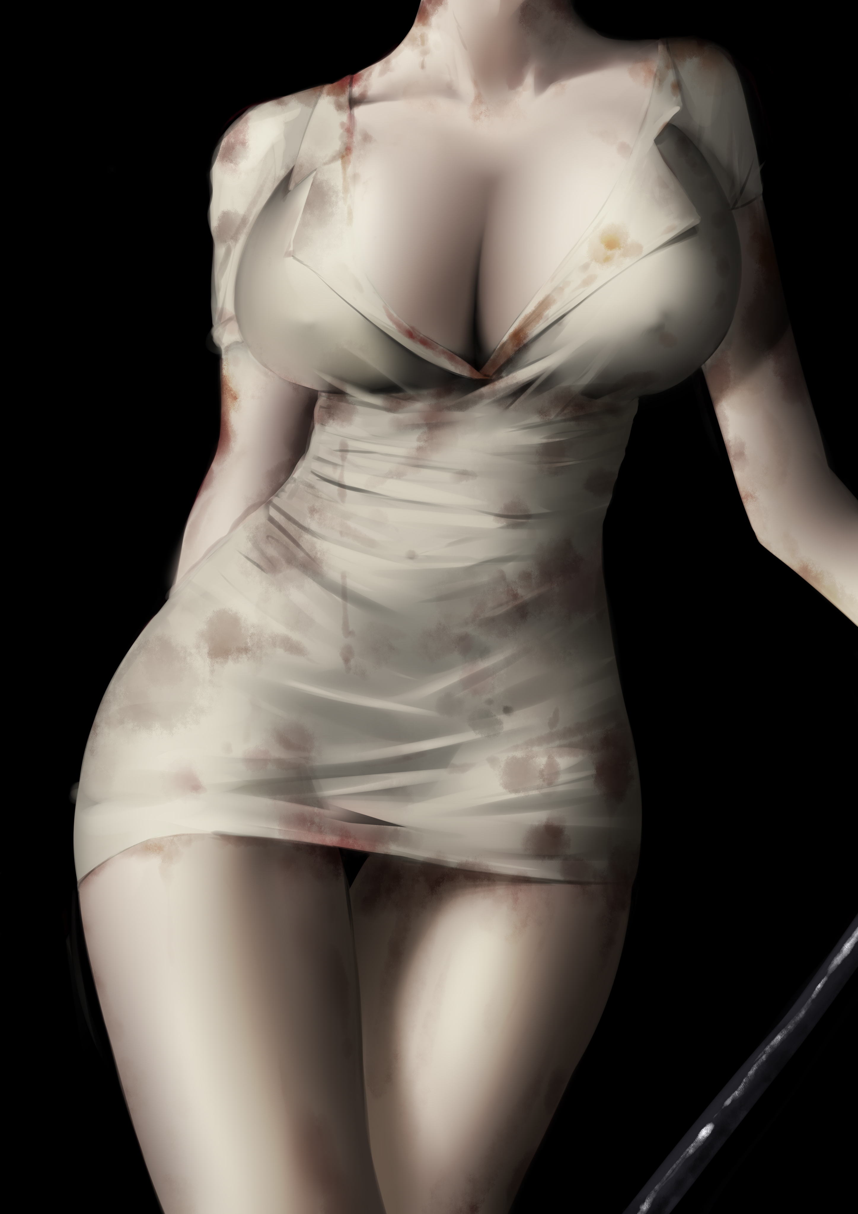 2d, 2d (artwork), an yasuri, big breasts, black background, blood, blood stain, breasts, cleavage, female, female only, head out of frame, hourglass figure, light skin, light-skinned female, minidress, nipple bulge, no bra, nurse, nurse (silent hill), nurse uniform, pale skin, pale-skinned female, short dress, silent hill, solo, stained clothes, tight clothing, wide hips