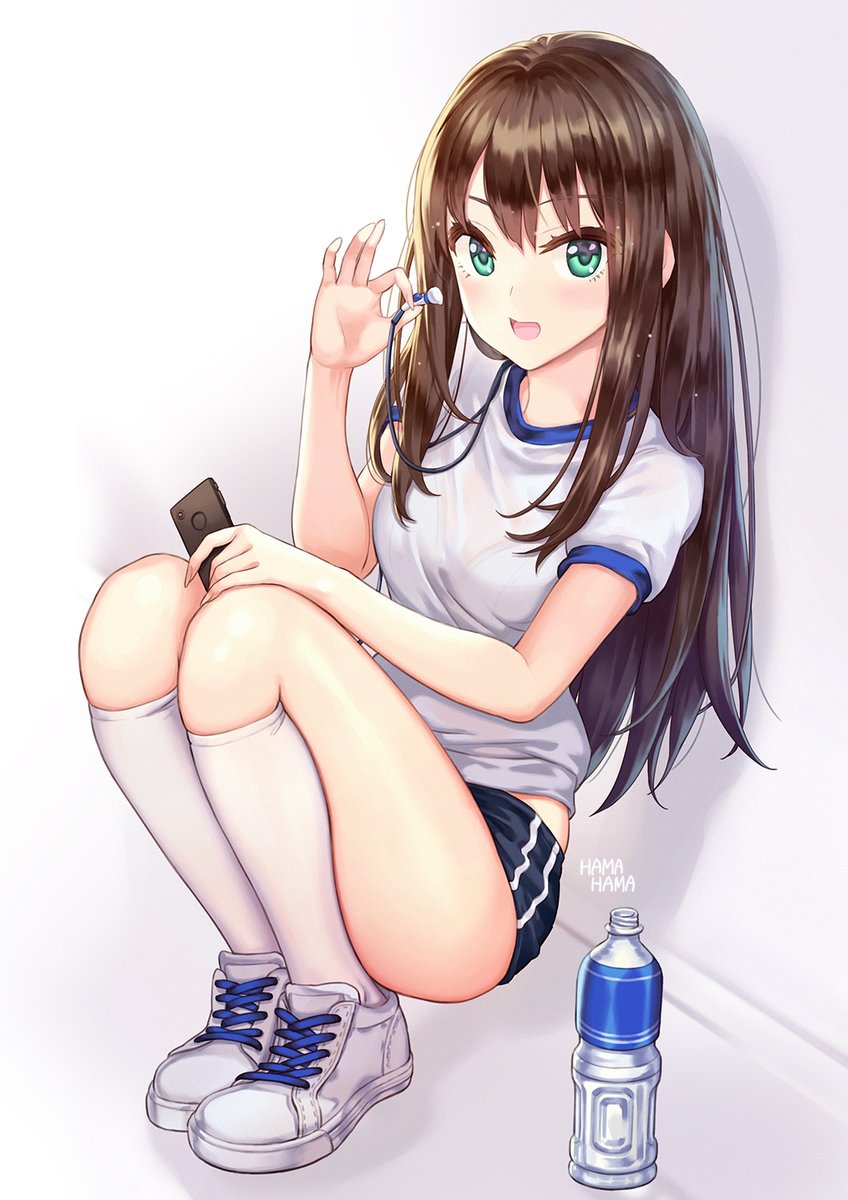 artist_name bangs bare_knees black_buruma bloomers_(gym) blush bottle breasts brown_hair buruma cellphone earbuds earphones female green_eyes gym_uniform headphones hhama high_resolution idolmaster idolmaster_cinderella_girls knee_high_socks kneehighs knees legs long_hair looking_at_viewer medium_breasts open_mouth phone pixiv_id_1128428 shibuya_rin shirt shoes short_sleeves simple_background sitting smile sneakers socks solo sportswear thighs uniform water_bottle white_background white_footwear white_legwear white_shirt wire