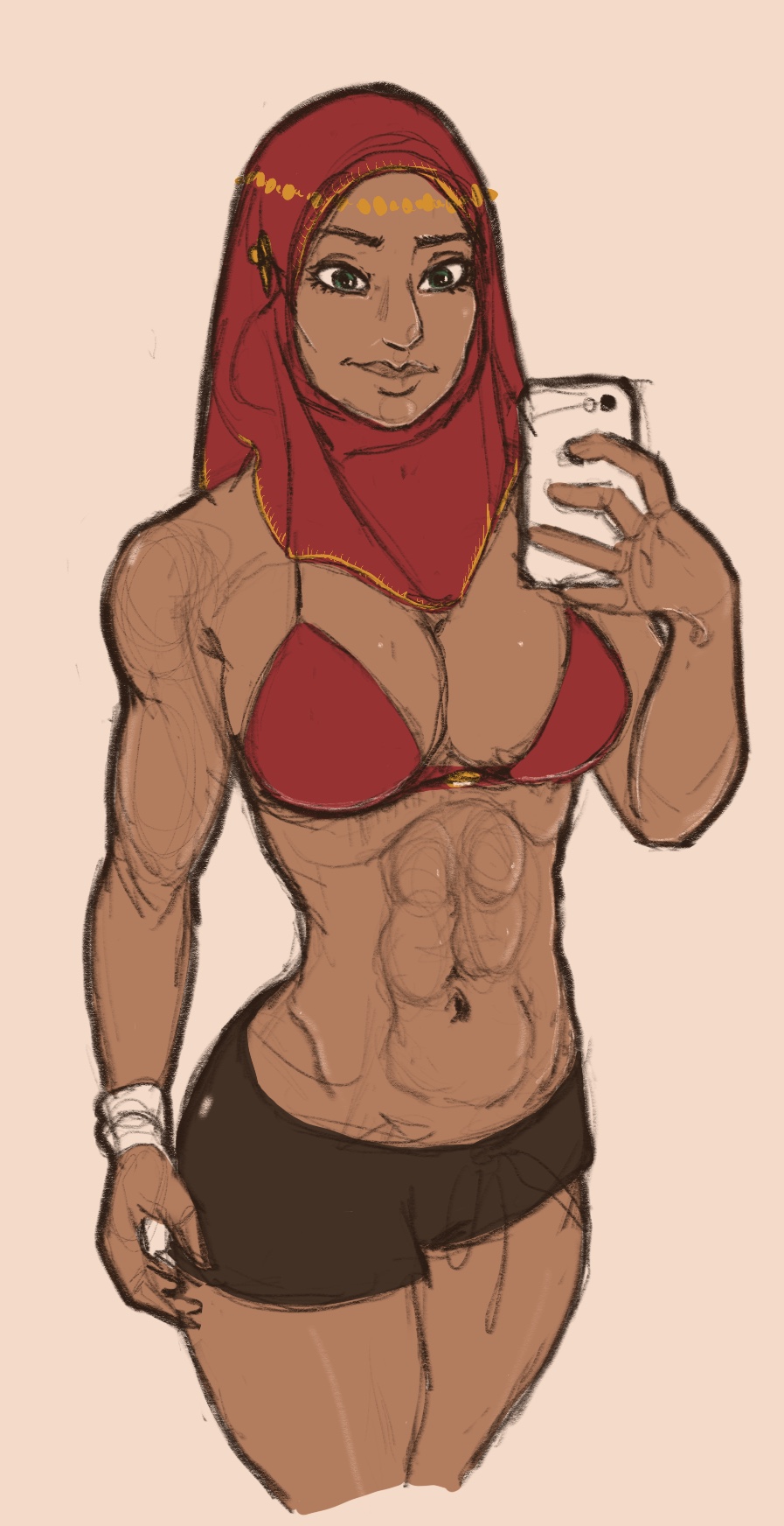 1girls 2d 5_fingers abs artist_request athletic athletic_female bottomwear boyshorts bra cleavage clothed clothed_female color colored coloured cowboy_shot dark-skinned_female dark_skin fit fit_female green_eyes headwear hijab human looking_at_viewer midriff mostly_nude muscle muscles muscular muscular_female muslim muslim_female phone polychrome pose posing selfie simple_background six_pack smartphone solo solo_female standing taking_picture taking_selfie topwear white_sclera wristband wristwear