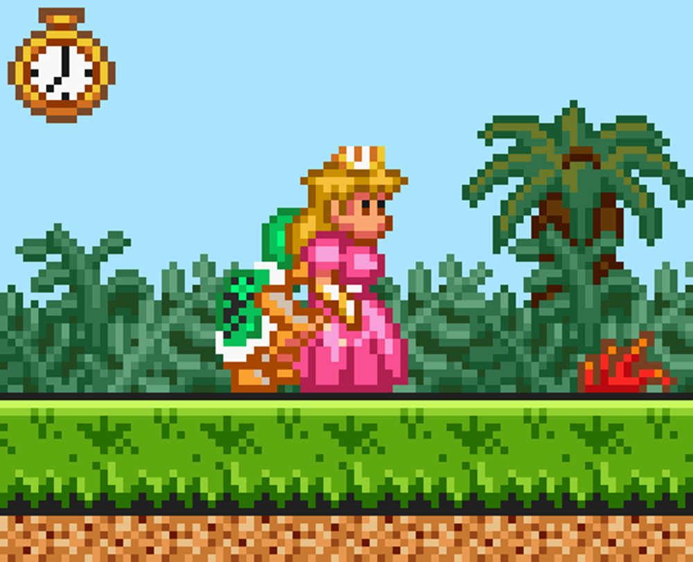 16-bit 1boy 1boy1girl 1girls blonde_hair_female clothed_female female fully_clothed hammer_bros. human koopa long_gloves long_hair mario_(series) masturbation nintendo penis pink_dress pixel pixel_art princess princess_peach snes sperm super_mario_bros._2 super_nintendo_entertainment_system timer