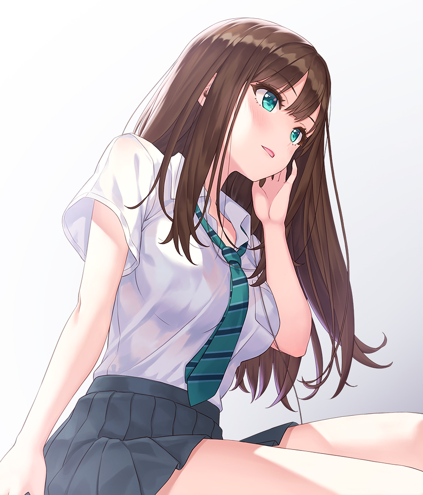 breasts brown_hair female female gradient gradient_background green_eyes hamahama hand_on_own_cheek hhama idolmaster idolmaster_cinderella_girls long_hair miniskirt necktie parted_lips pleated_skirt school_uniform shibuya_rin simple_background sitting skirt solo striped striped_necktie striped_neckwear unbuttoned unbuttoned_shirt uniform