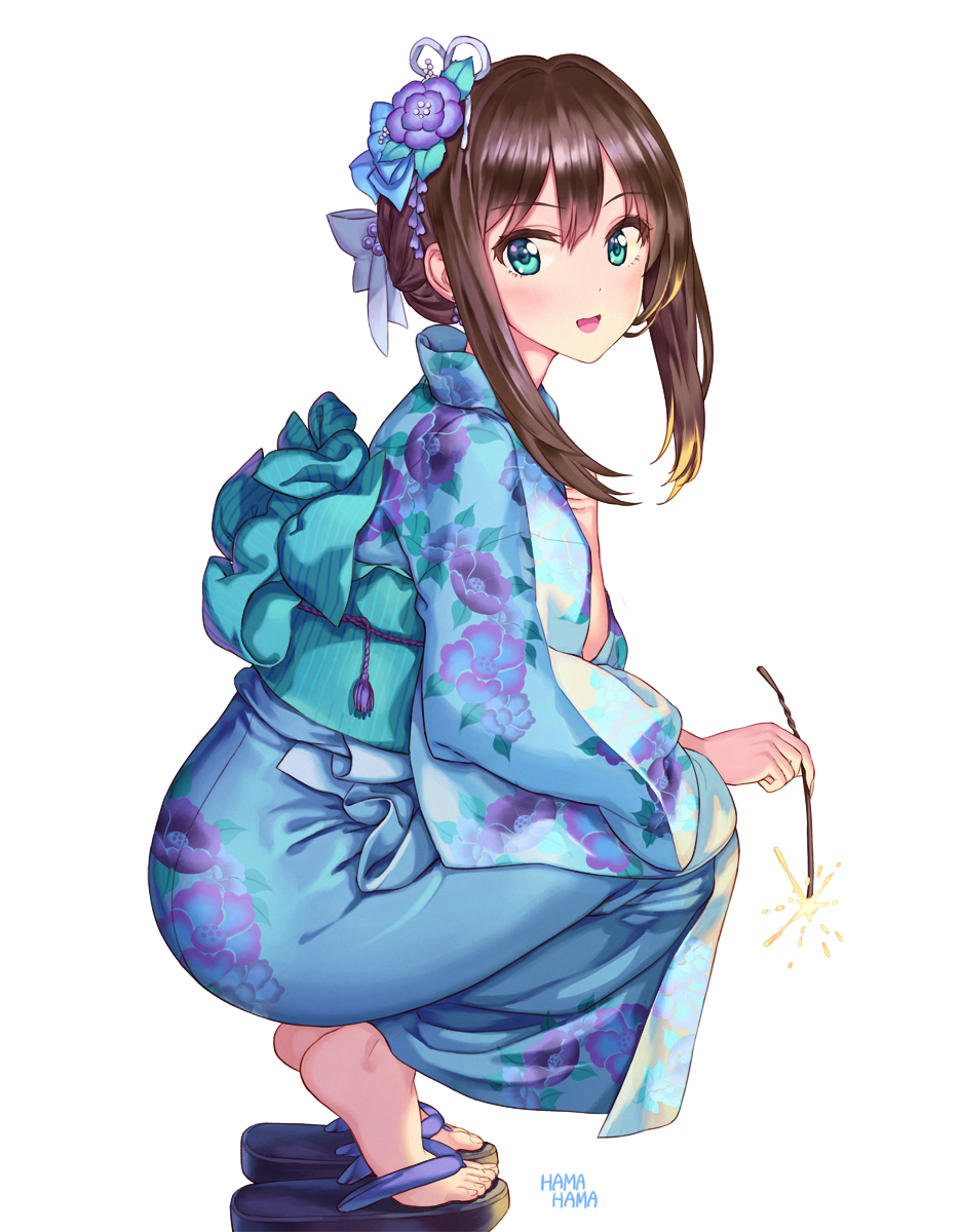 :d alternative_hairstyle aqua_eyes bangs barefoot bent_knees blue_bow blue_flower blue_kimono blush bow brown_hair earrings eyebrows_visible_through_hair feet female female_only fireworks floral_print flower flower_hair_ornament full_body green_eyes hair_between_eyes hair_bun hair_flower hair_ornament hair_up hairbow happy hhama high_resolution holding holding_object idolmaster idolmaster_cinderella_girls jewelry kanzashi kimono light_background long_hair long_sleeves looking_at_viewer looking_to_the_side mobile_wallpaper obi okobo open-mouth_smile open_mouth open_toe_shoes piercing pixiv_id_1128428 print_kimono print_yukata robe sandals sash shibuya_rin shoes side_view simple_background smile solo sparkler squatting text thong_sandals tied_hair tiptoes traditional_clothes wafuku white_background wide_sleeves yukata zouri