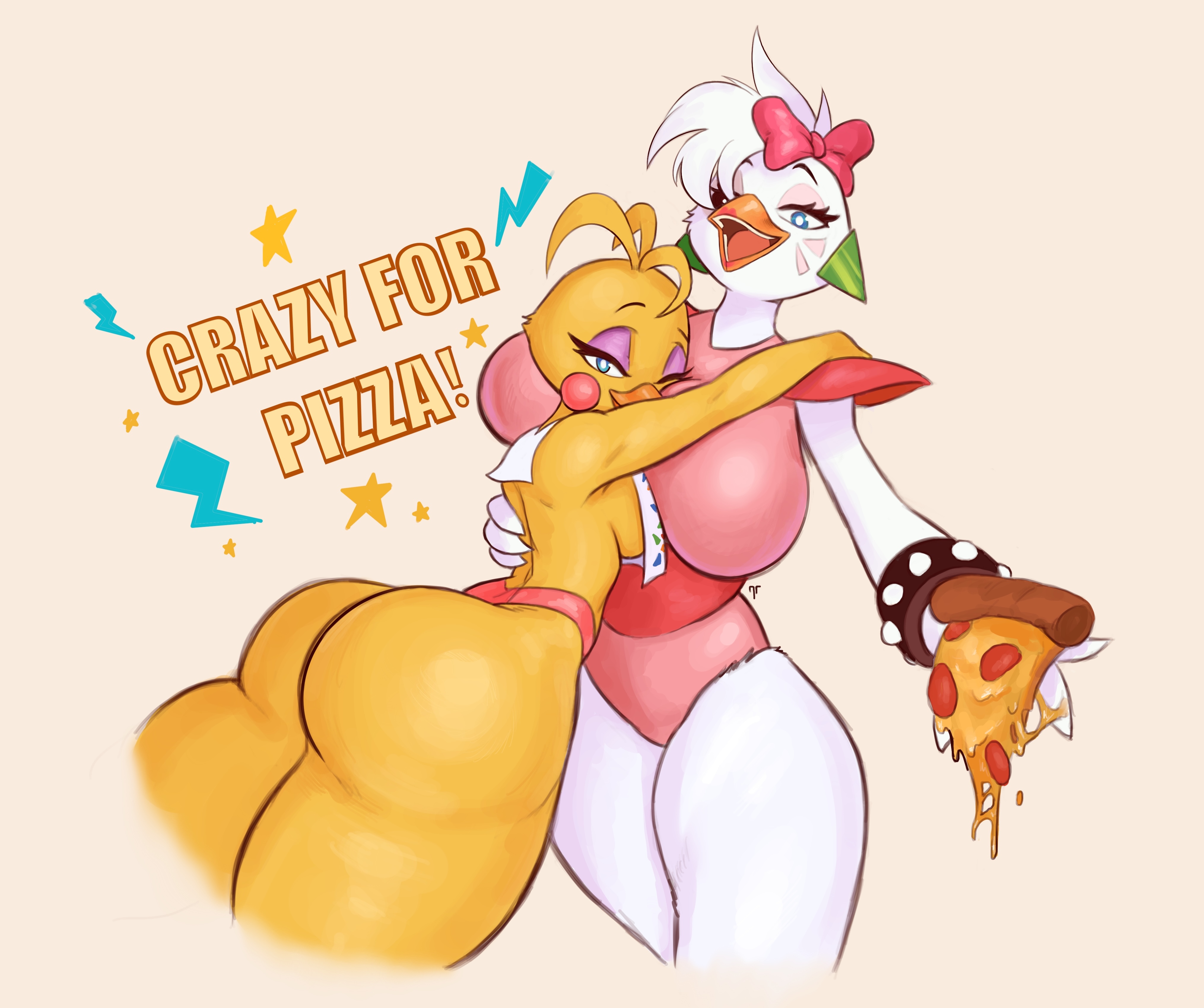 absurd res, anthro, ass, avian, beak, big ass, big butt, bird, breasts, bubble butt, clothing, duo, female, female only, five nights at freddy's, five nights at freddy's 2, five nights at freddy's: security breach, glamrock chica (fnaf), hi res, hug, pizza, scottgames, thong, thunder thighs, toy chica (fnaf), ttothep arts, underwear, video games, wide hips