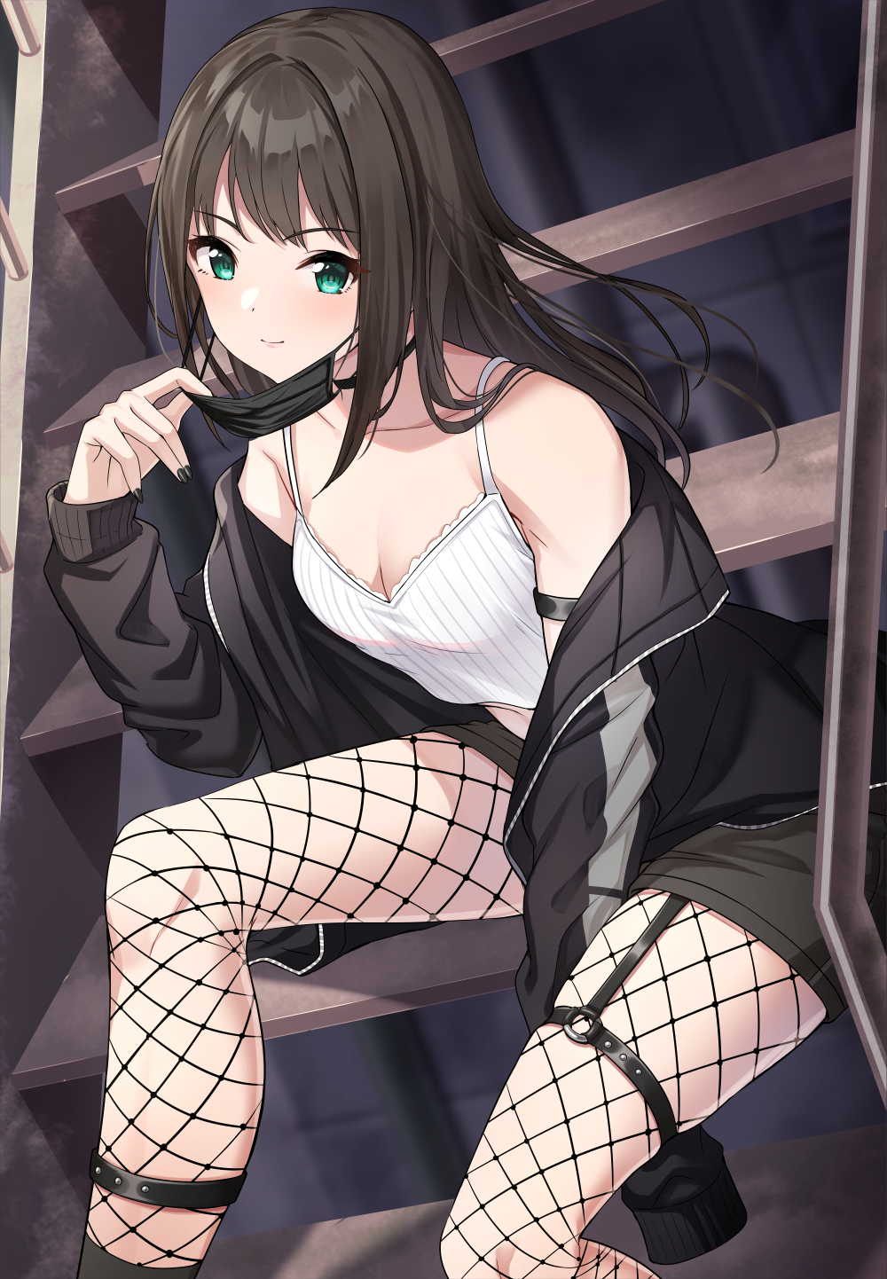 bare_shoulders black_hair black_nails choker clavicle clothing eyebrows_visible_through_hair female female fishnet_legwear fishnets green_eyes high_resolution idolmaster idolmaster_cinderella_girls jacket leg_strap long_hair mask nail_polish shibuya_rin sitting smile solo stairs tamakaga tank_top thigh_strap