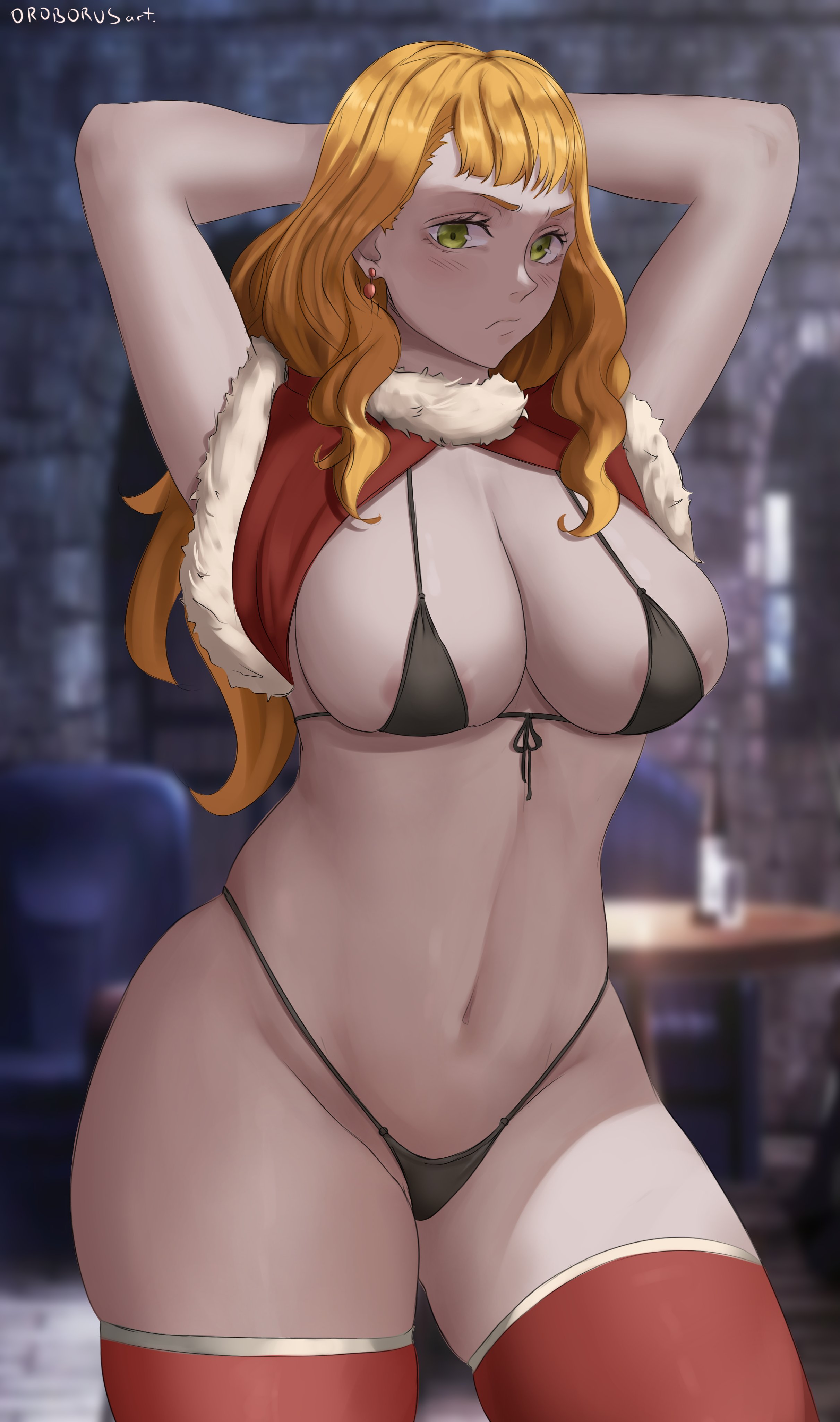 1girls, areola slip, armpits, arms behind head, belly button, big breasts, bikini, black bikini, black clover, black swimsuit, breasts, curvy, curvy figure, female, female only, green eyes, hands behind head, large breasts, looking at viewer, micro bikini, midriff, mimosa vermillion, navel, orange hair, oroborusart, pose, posing, savagexthicc, sensual, solo, solo female, swimsuit, thick, thick thighs, thighhighs, thighs, voluptuous