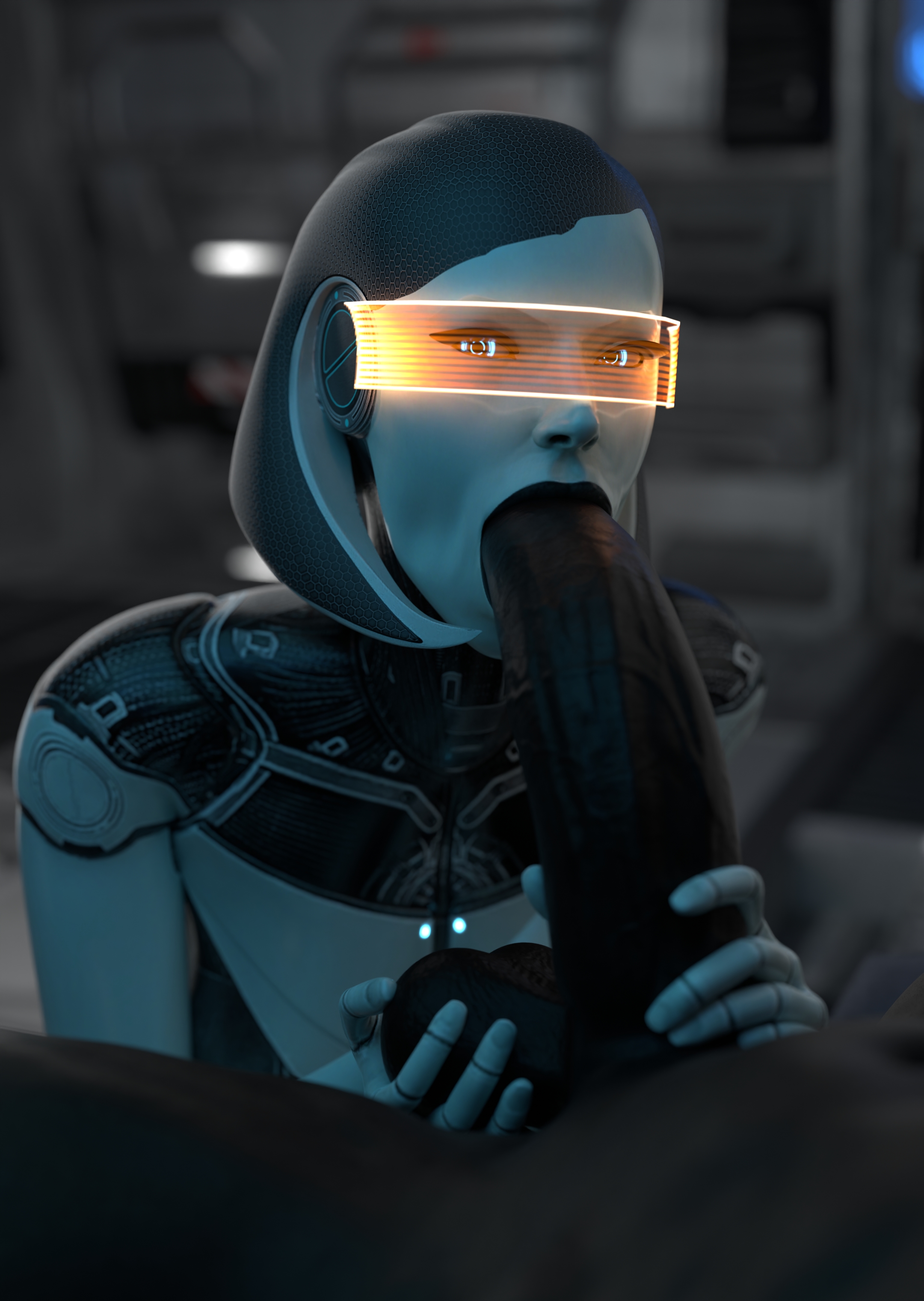 3d, big penis, blowjob, dark skin, dark-skinned male, edi, eye contact, female, interracial, male, mass effect, mass effect 3, oral, oral sex, orange-tinted eyewear, penis, pov, robot girl, tinted eyewear, tomoganim, visor