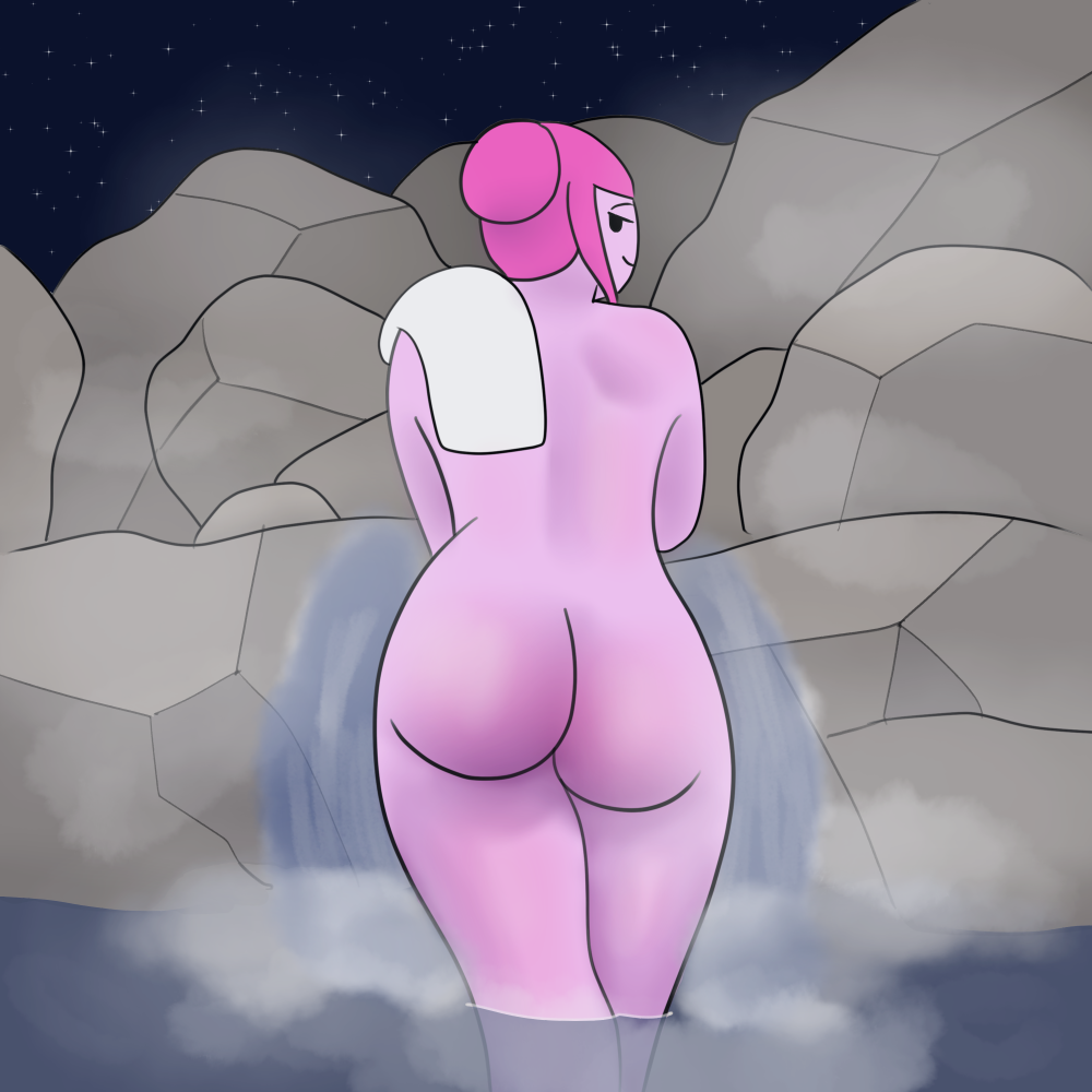 1girls adventure_time ass hot_spring looking_at_viewer looking_back magmameow naked nude nude_female pink_hair pink_skin princess_bubblegum solo solo_female steam towel water