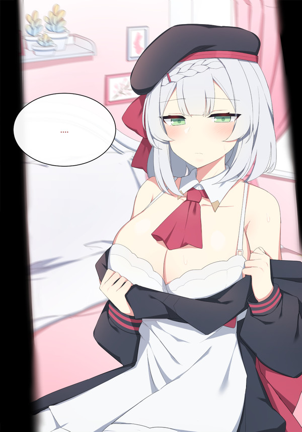 1girls bangs blush bowtie braid breasts cleavage doujinshi eyebrows_visible_through_hair genshin_impact gray_hair green_eyes hat highres large_breasts noelle_(genshin_impact) pink_room poyeop short_hair sleeves text_bubble undressing vase