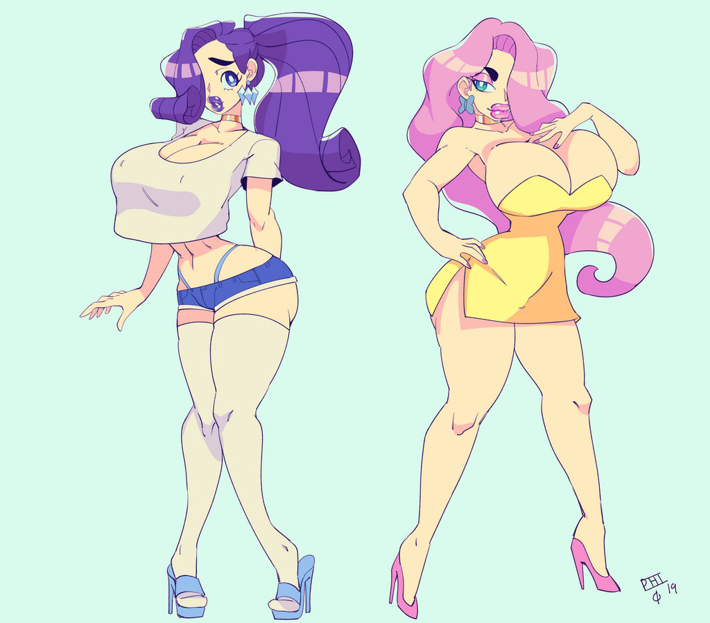 2girls, ass, bimbo, bimbophi, breasts, female, fluttershy (mlp), high heels, huge ass, huge breasts, knees together feet apart, my little pony, navel, pigeon-toed, rarity (mlp), straight hair, thick thighs, thong, wide hips