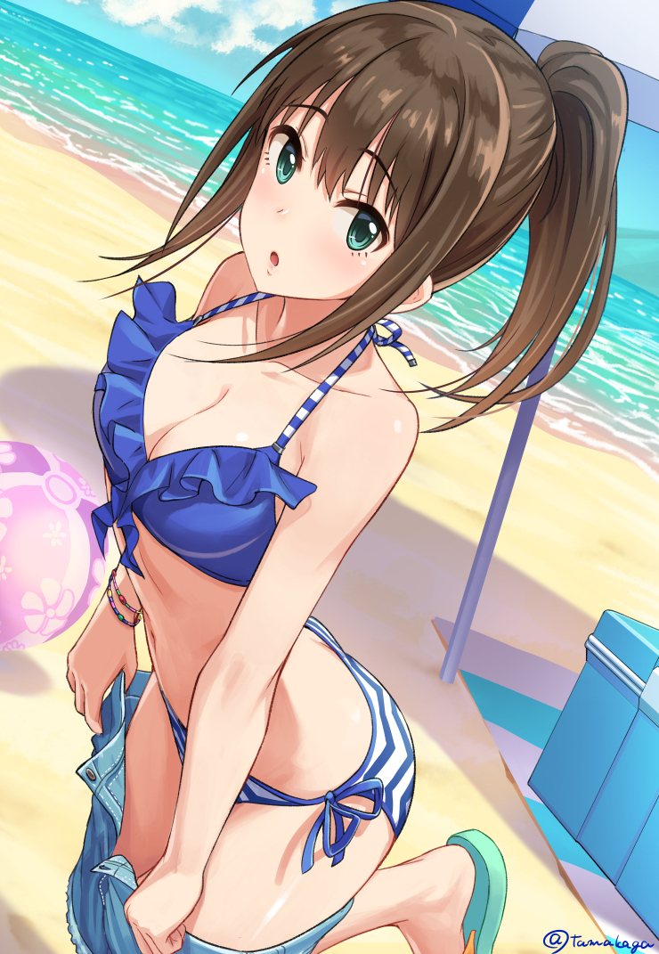 alternative_hairstyle ball bangs bare_shoulders beach beach_umbrella beachball bikini blue_bikini blue_sky blush box breasts brown_hair clavicle cleavage cloud day denim denim_shorts eyebrows_visible_through_hair female female flip-flops frilled_bikini frilled_swimsuit frills front-tie_top green_eyes idolmaster idolmaster_cinderella_girls jewelry long_hair looking_at_viewer medium_breasts midriff multicolored_umbrella navel ocean open_clothes open_fly open_mouth open_shorts outdoors ponytail purple_ball sand sandals shibuya_rin shorts side-tie_bikini sky solo standing striped striped_bikini striped_swimsuit surprised swimsuit tamakaga the_idolm@ster_cinderella_girls tied_hair twitter_username umbrella unbuttoned undressing unzipped water