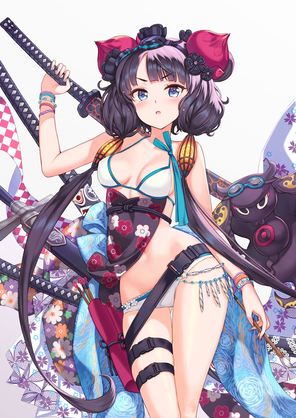 bangs bare_shoulders beads belt bikini blue_eyes blush bracelet breasts brush calligraphy_brush clavicle clothing eyewear_on_head fate/grand_order fate_(series) female floral_print flower goggles goggles_on_head hair_flower hair_ornament hhama high_resolution jewelry katana katsushika_hokusai_(fate) katsushika_hokusai_(swimsuit_saber)_(fate) long_hair looking_at_viewer medium_breasts navel obi octopus open_mouth paintbrush pixiv_id_1128428 purple_hair saber_(katsushika_hokusai) sash sidelocks simple_background solo swimsuit sword thigh_strap thighs tokitarou_(fate/grand_order) very_long_hair wafuku weapon white_background white_bikini white_swimsuit