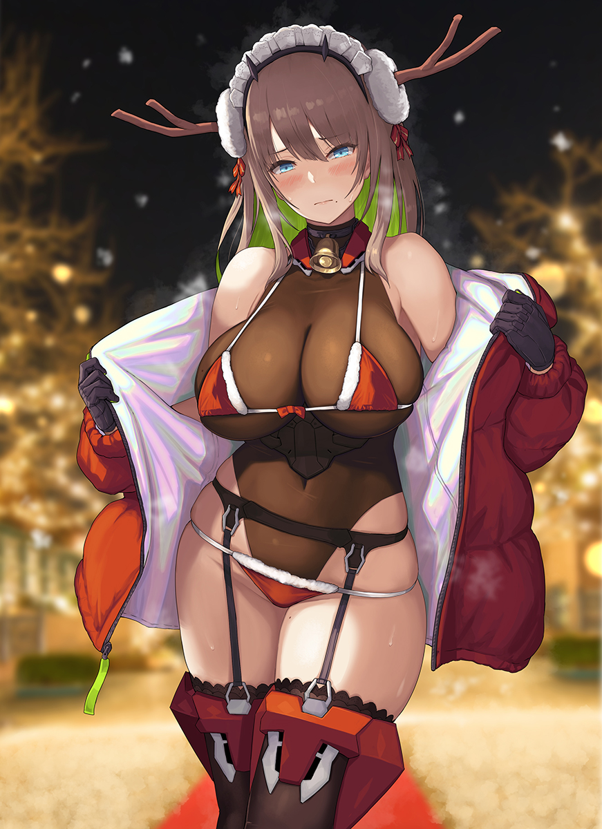 1girls, 2021, antlers, bangs, bell, bikini, black legwear, blade (nidy), blue eyes, blurry, blurry background, breasts, brown hair, brown leotard, christmas, christmas tree, cleavage, closed mouth, coat, colored inner hair, covered navel, detached collar, female, female focus, female only, from side, garter belt, garter straps, green hair, hair between eyes, hair ribbon, highres, large breasts, leotard, leotard under clothes, looking at viewer, maid headdress, mole, mole on thigh, mole under mouth, multicolored hair, neck bell, nidy, night, open clothes, open coat, original, outdoors, puffer jacket, red coat, reindeer antlers, ribbon, santa bikini, snow, solo, solo female, swimsuit, thighhighs, underboob