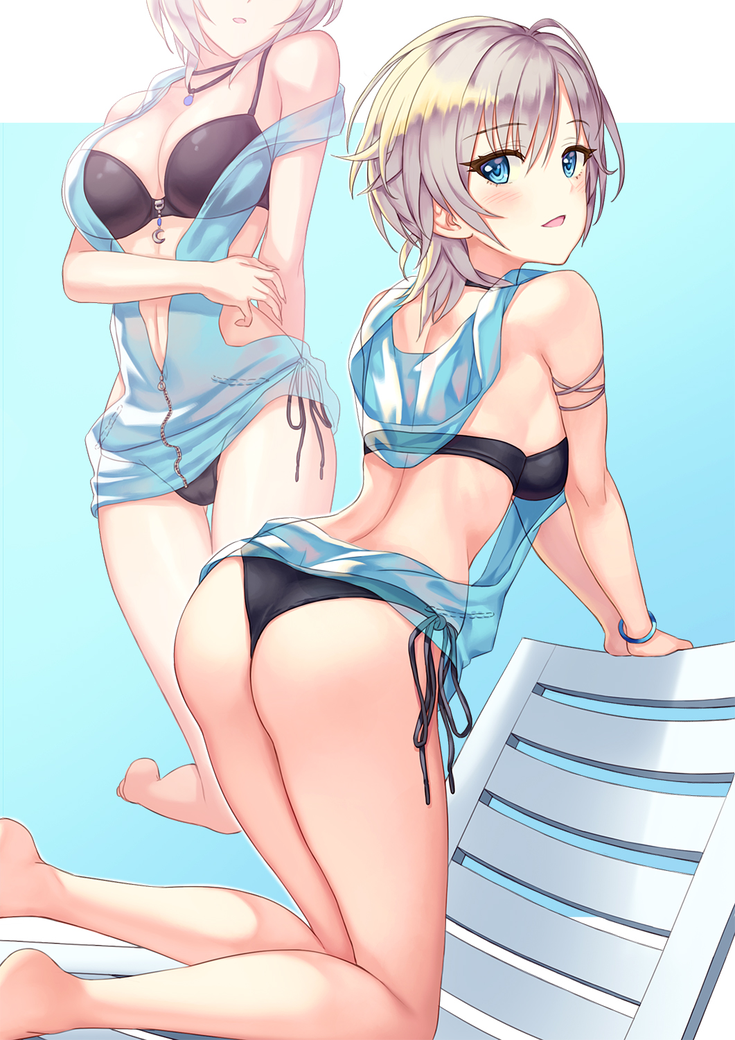 anastasia_(idolmaster) arm_support armlet ass back backless_outfit bangs barefoot beach_chair bikini black_bikini black_swimsuit blue_eyes bracelet breasts cleavage cover-up crescent_moon eyebrows_visible_through_hair feet female female from_behind hamahama head_out_of_frame head_tilt hhama high_resolution hood hood_down hoodie idolmaster idolmaster_cinderella_girls jewelry kneeling leaning_forward looking_at_viewer looking_back medium_hair moon multiple_views off_shoulder one_eye_closed parted_lips see-through short_hair side-tie_bikini silver_hair smile swimsuit thigh_gap