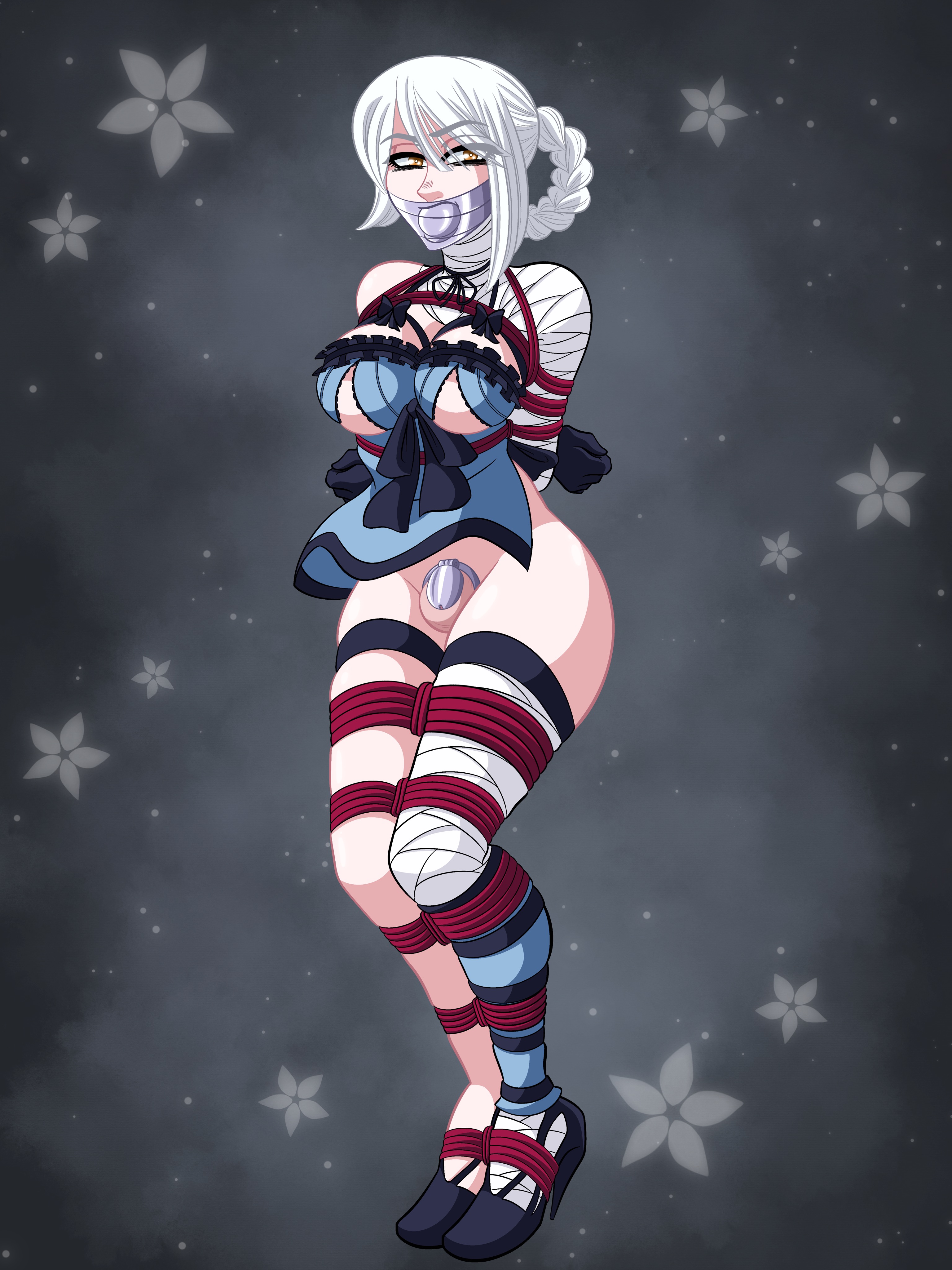 1futa, areolae, ass, balls, bearbuckscoffee, big ass, big breasts, bondage, bottomless, breasts, chastity, chastity cage, clothed, clothing, futa only, futanari, gag, gagged, human, intersex, kaine (nier), light skin, light-skinned futa, nier, nier (series), nier replicant, pale skin, partially clothed, penis, simple background, small penis, solo, solo futa, standing, testicles, white hair