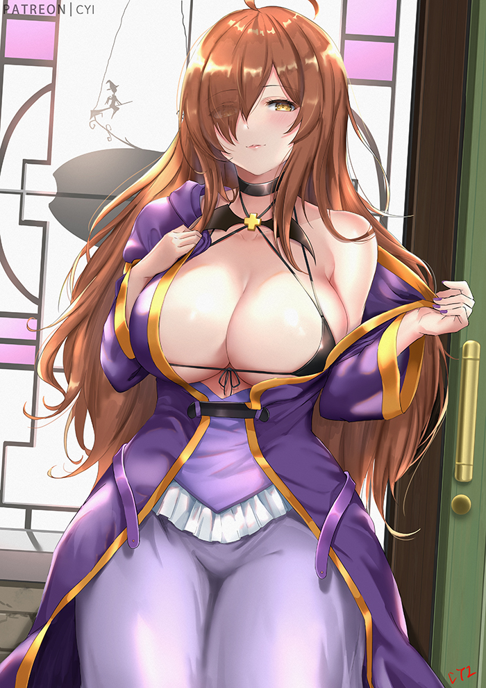 1girls, 2021, big breasts, bikini, bikini top, black bikini, black bikini top, blush, breasts, brown eyes, brown hair, cleavage, cyicheng, eye visible through hair, female, female focus, female only, hair over one eye, kono subarashii sekai ni shukufuku wo!, long hair, looking at viewer, nail polish, purple nails, solo, solo female, standing, wiz (konosuba)