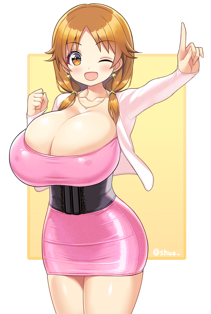 bodycon, breasts, brown hair, bursting breasts, cleavage, cowboy shot, dress, female, framed breasts, gigantic breasts, idolmaster, idolmaster cinderella girls, katagiri sanae, latex, latex dress, low twintails, microdress, one eye closed, shiny, shiny clothes, short twintails, shuz (dodidu), skin tight, smile, solo, tight clothing, tight dress, twintails