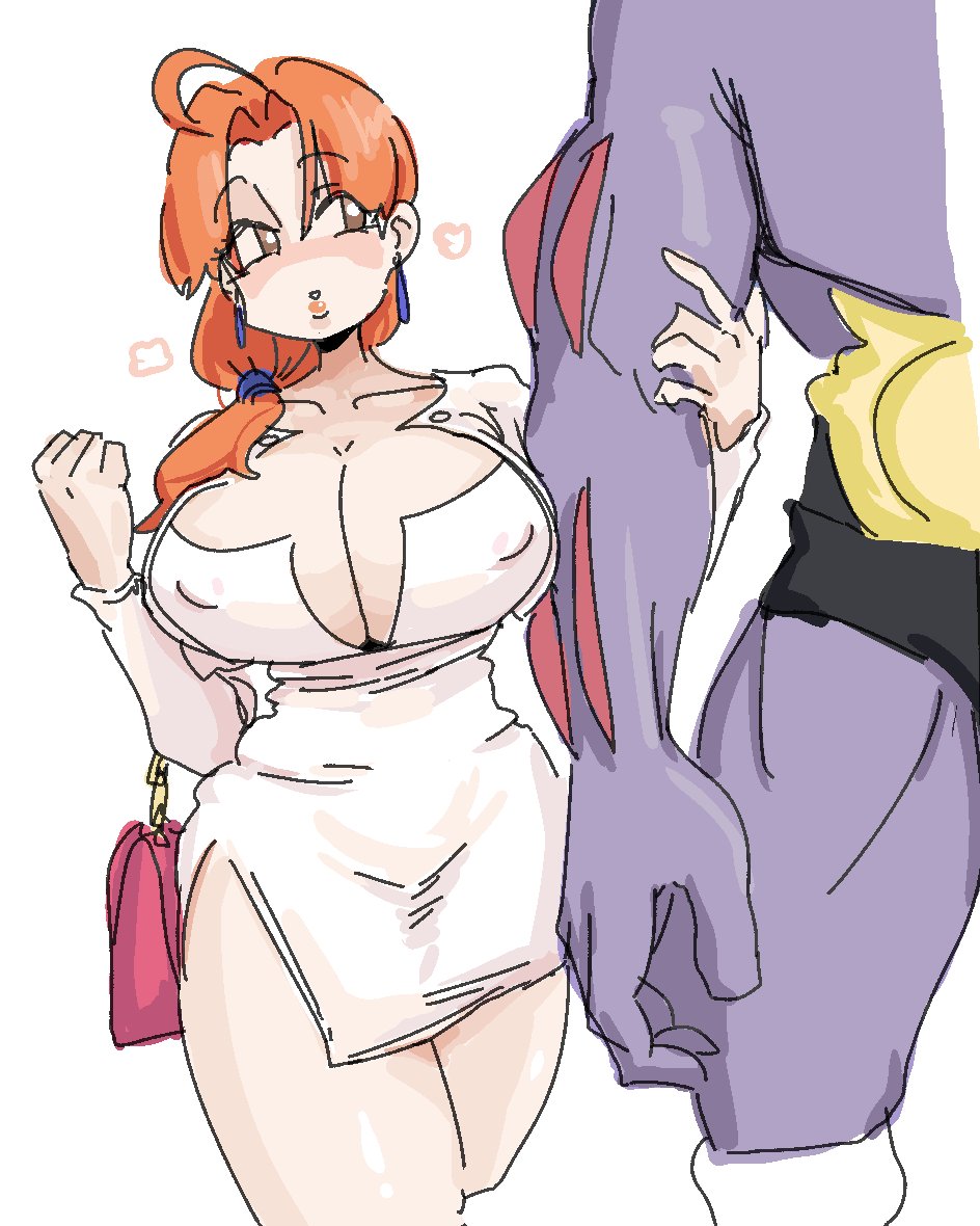 ahoge, alternate breast size, breasts, cleavage, covered nipples, delia ketchum (pokemon), female, height difference, huge breasts, human female, large breasts, leebongchun, machoke, mature female, milf, motherly cuckold, orange hair, plunging neckline, pokemon, pokemon (species), pokephilia, short dress, solo focus, straight
