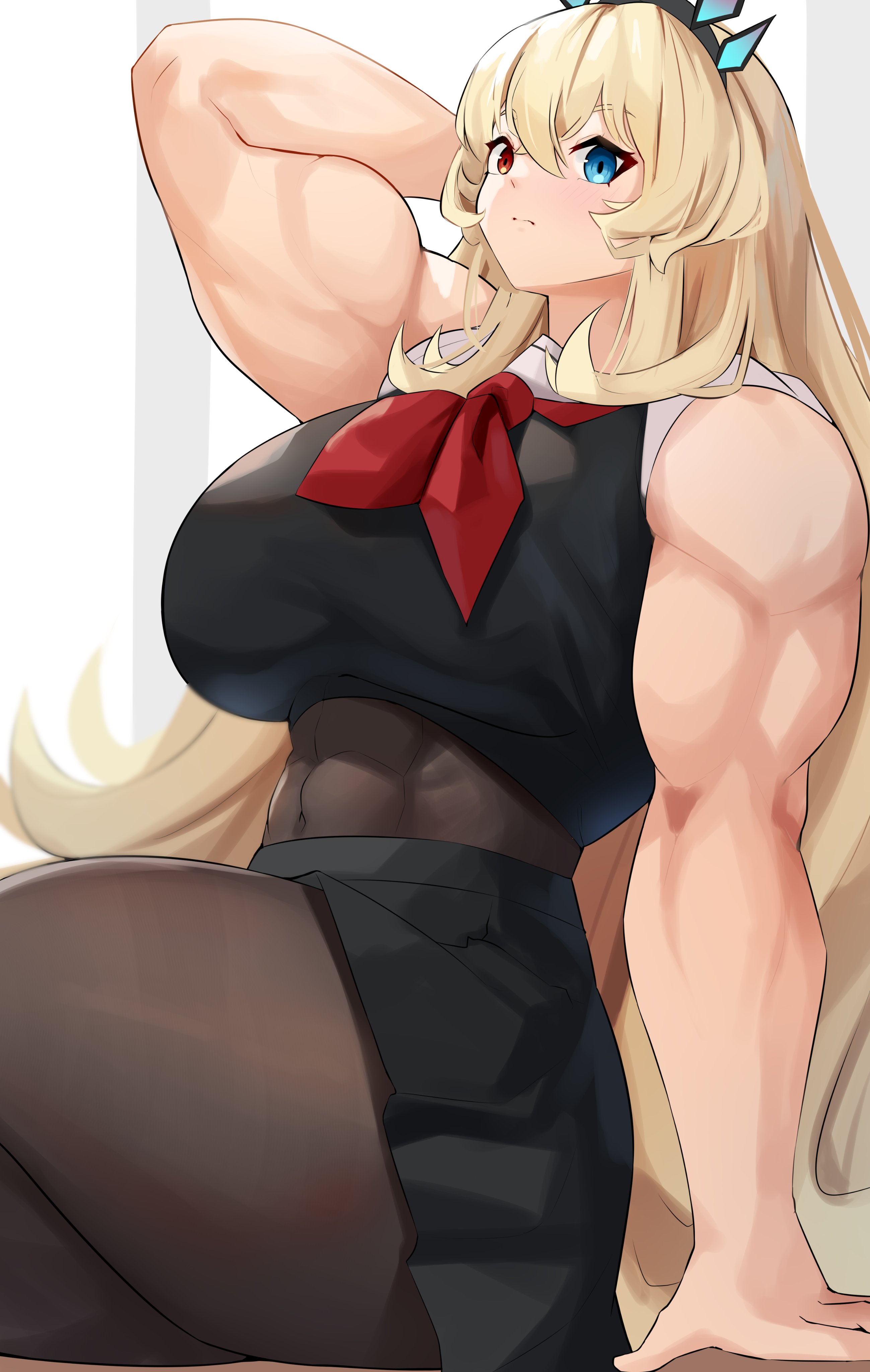 1girls, abs, absurdres, arm behind head, arm up, bangs, bare shoulders, barghest (gawain) (fate), biceps, black shirt, black skirt, blonde hair, bodystocking, breasts, brown legwear, clothed, clothing, covered navel, cromwellb, crop top, extreme muscles, fate (series), fate/grand order, female, female only, heterochromia, highres, horns, large breasts, long hair, looking at viewer, muscles, muscular, muscular female, neckerchief, pantyhose, ponytail, red neckerchief, sailor collar, shirt, sitting, skirt, sleeveless, sleeveless shirt, solo female, thick thighs, thighs
