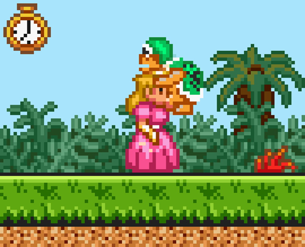 16-bit 1boy 1boy1girl 1girls blonde_hair_female clothed_female female fully_clothed hammer_bros. human irrumatio koopa long_gloves long_hair mario_(series) nintendo pink_dress pixel pixel_art princess princess_peach snes sperm super_mario_bros._2 super_nintendo_entertainment_system timer