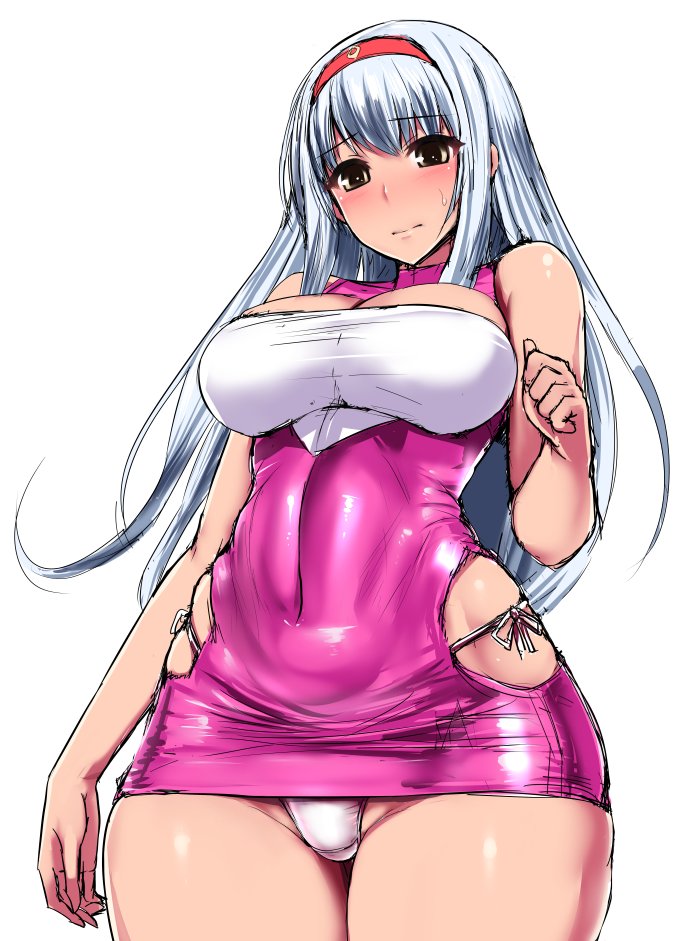 bare_shoulders blush bodycon breasts cleavage corruption covered_navel dress embarrassed female framed_breasts hairband headband hip_vent ishimiso_(ishimura) kantai_collection large_breasts long_hair looking_at_viewer microdress minidress panties pantyshot pink_panties shiny shiny_clothes short_dress shoukaku_(kantai_collection) side-tie_panties skin_tight sleeveless sleeveless_dress solo standing thong_straps tight_clothing tight_dress tight_fit underwear white_hair white_panties yellow_eyes