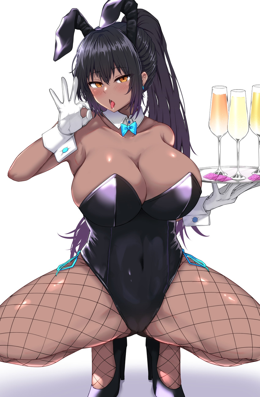 animal ears, bare shoulders, black hair, blue archive, blue bow, blush, bow, bowtie, breasts, bunny ears, bunnysuit, champagne flute, clavicle, cleavage, clothing, condom, condom wrapper, covered navel, cup, dark skin, dark-skinned female, detached collar, drinking glass, earrings, eyebrows visible through hair, fake animal ears, fellatio gesture, female, fishnet legwear, fishnets, footwear, gloves, high heels, high resolution, holding, holding plate, jewelry, karin (blue archive), karin (bunny) (blue archive), large breasts, leotard, long hair, open mouth, pantyhose, plate, playboy bunny, ponytail, shoes, simple background, solo, squatting, strapless, strapless leotard, takamaru3407, thighs, tied hair, tongue, tray, very long hair, white background, white gloves, wrist cuffs, yellow eyes