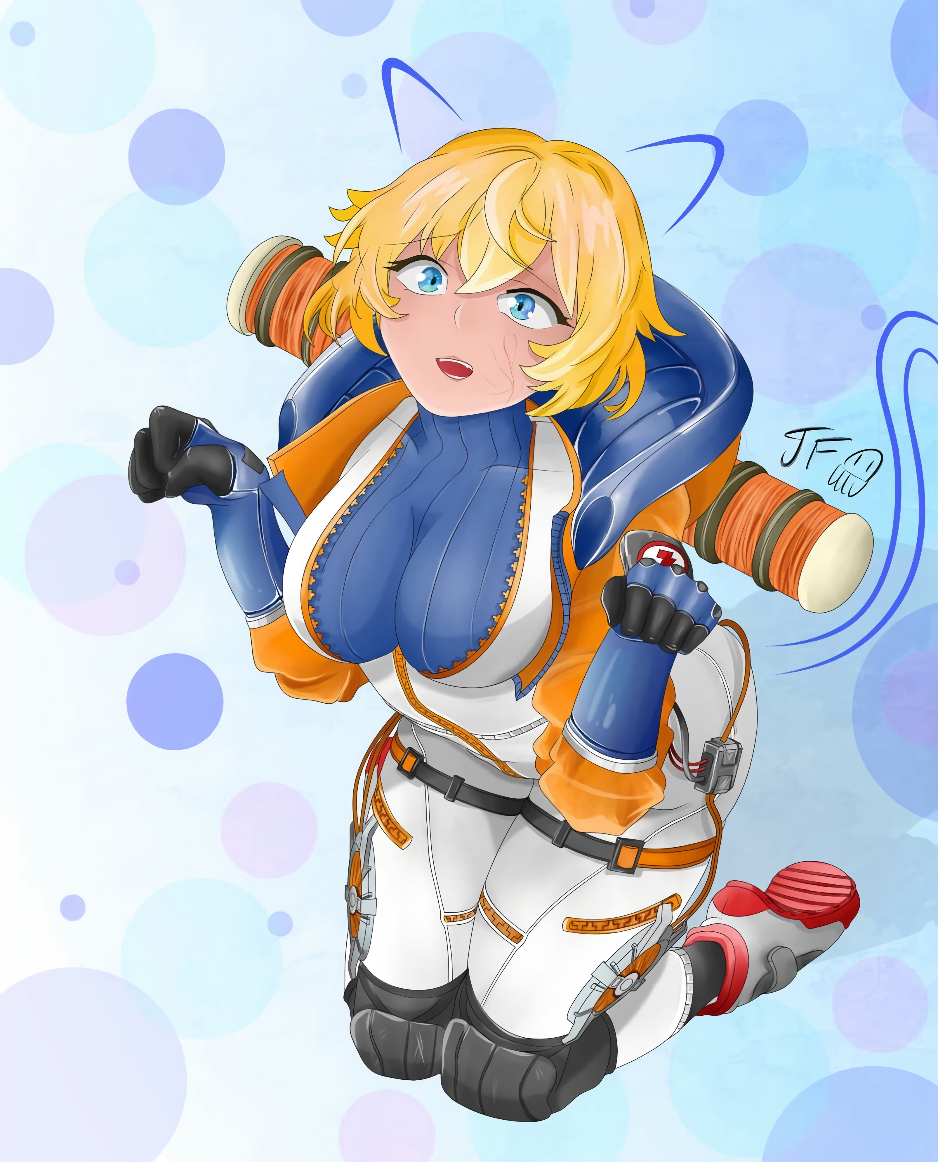 apex legends, ass, big breasts, big hips, big thighs, blue eyes, blush, blush lines, bottom heavy, breast hold, breast squeeze, breast squish, breasts, breasts out, bursting breasts, cat ears, cat tail, female, lichtenberg figure, looking at another, outgrowing clothes, scar, simple background, stretched clothing, thick, thick ass, thick hips, thick legs, thick thighs, tight clothes, tight clothing, tight pants, tights, unknown artist, wattson (apex legends), yellow hair