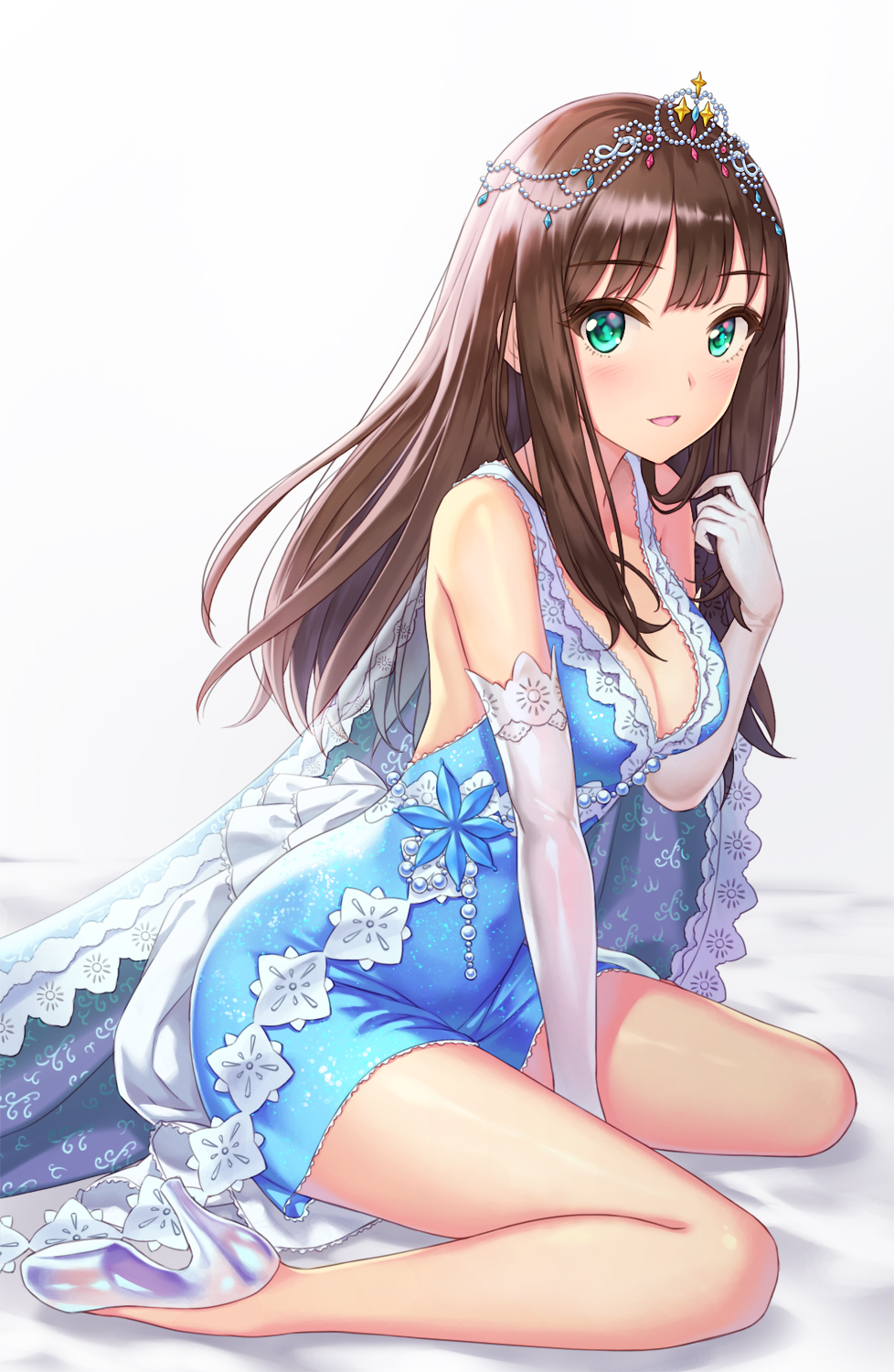 aqua_eyes bangs blue_dress blush breasts brown_hair cleavage clothing crown dress elbow_gloves eyebrows_visible_through_hair female full_body glass_slipper gloves green_eyes hand_up headwear hhama high_heels high_resolution idolmaster idolmaster_cinderella_girls long_hair looking_at_viewer medium_breasts open_mouth pixiv_id_1128428 shibuya_rin shoes simple_background sitting smile solo tiara wariza white_background white_gloves