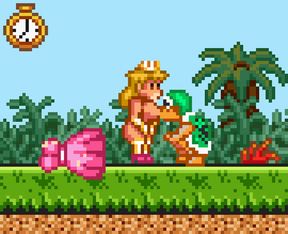 16-bit 1boy 1boy1girl 1girls big_breasts blonde_hair_female breasts hammer_bros. human koopa long_gloves long_hair mario_(series) nintendo nude_female pixel pixel_art princess princess_peach snes super_mario_bros._2 super_nintendo_entertainment_system timer white_legwear