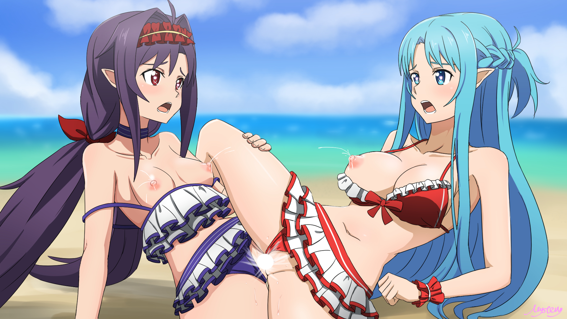 16:9, 2girls, alfheim online, areolae, asuna (sao-alo), bangs, beach, bikini, bikini top, blue eyes, blue hair, blush, braid, breasts, censored, choker, female, flower, frilled bikini, frilled bikini top, frills, hair between eyes, hair ribbon, hairband, happy, happy sex, heart, heart-shaped pupils, hibiscus, holding, holding another's leg, holding leg, konno yuuki, layered bikini, lolita hairband, long hair, looking at another, medium breasts, mysteryctu, nipples, open mouth, outdoors, pointy ears, purple hair, pussy, pussy juice, red bikini, red eyes, red flower, red ribbon, ribbon, sidelocks, small breasts, swimsuit, sword art online, tribadism, twintails, very long hair, wrist cuffs, yuri, yuuki asuna