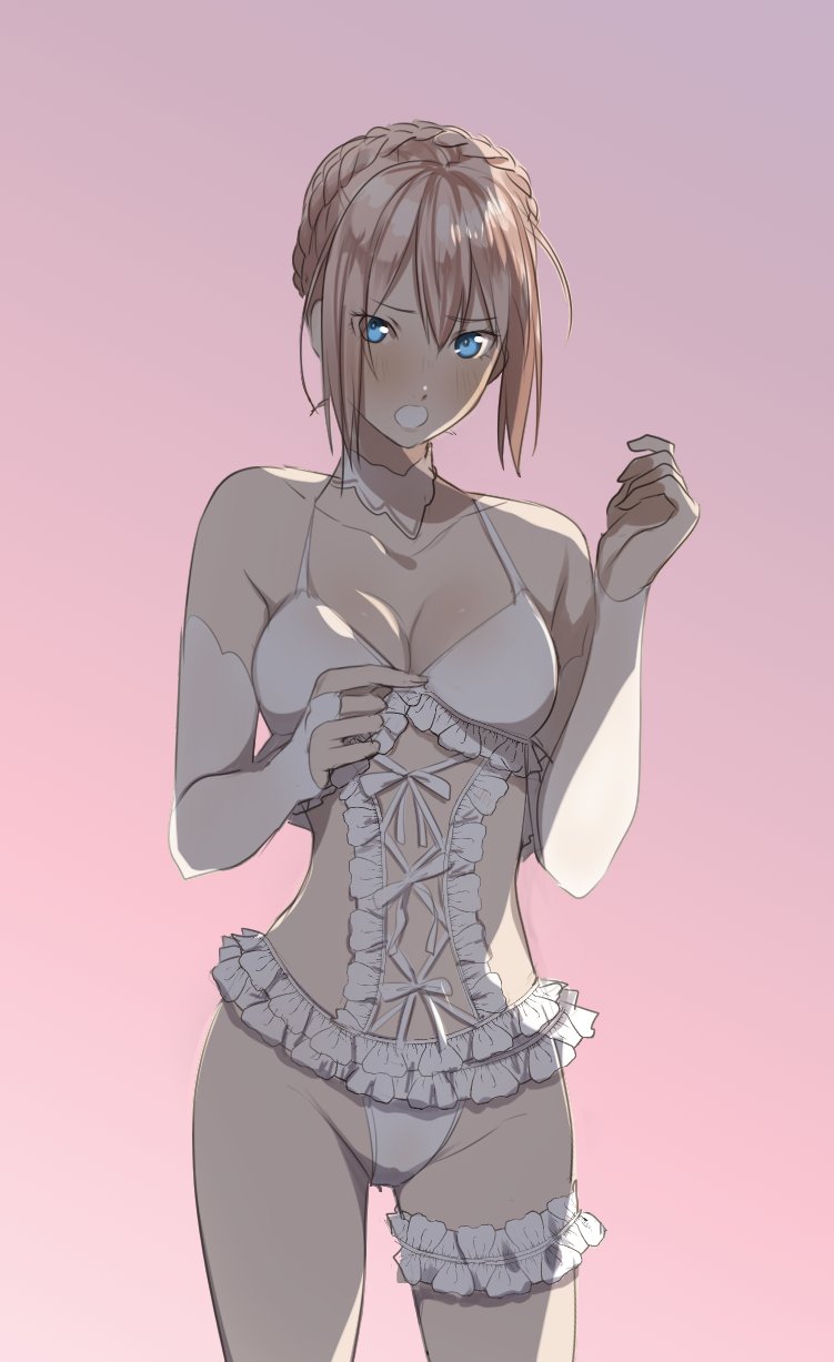 alternate_hairstyle bangs blue_eyes blush bra breasts bridal_gauntlets bridal_lingerie bride cleavage elbow_gloves female female frills gloves hair_between_eyes highres lingerie long_hair looking_at_viewer medium_breasts official_alternate_hairstyle open_mouth panties pink_hair shionne_(tales) sidelocks solo tales_of_(series) tales_of_arise tusia underwear underwear_only very_long_hair white_gloves white_panties