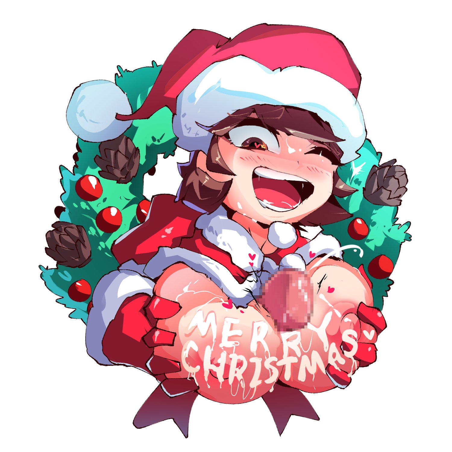 blush, blushing, boobfuck, boobjob, breasts, censored, chobonolly, christmas, christmas hat, clash (series), clash royale, cum, cum on breasts, cum on face, female, hand on breast, heart, holding breast, looking at penis, looking down, looking down at penis, male, mosaic censoring, mouth open, one eye closed, open mouth, paizuri, penis, princess (clash royale), red princess (clash royale), supercell, titfuck, titjob