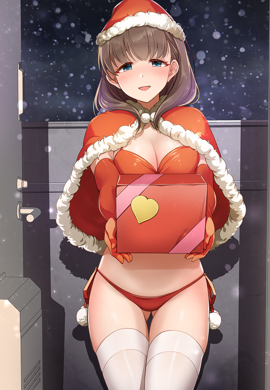 1girls bangs bikini blue_eyes breasts brown_eyes capelet christmas cleavage elbow_gloves eyebrows_visible_through_hair fur-trimmed_capelet fur-trimmed_headwear fur_trim gift gloves gluteal_fold hat heart highres holding holding_gift idolmaster idolmaster_cinderella_girls looking_at_viewer medium_breasts medium_hair mk_(mod0) night open_mouth pom_pom_(clothes) red_bikini red_capelet red_gloves red_headwear sakuma_mayu santa_bikini santa_costume santa_hat side-tie_bikini side-tie_bottom snow solo standing straight-on swimsuit thigh_gap thighhighs white_legwear