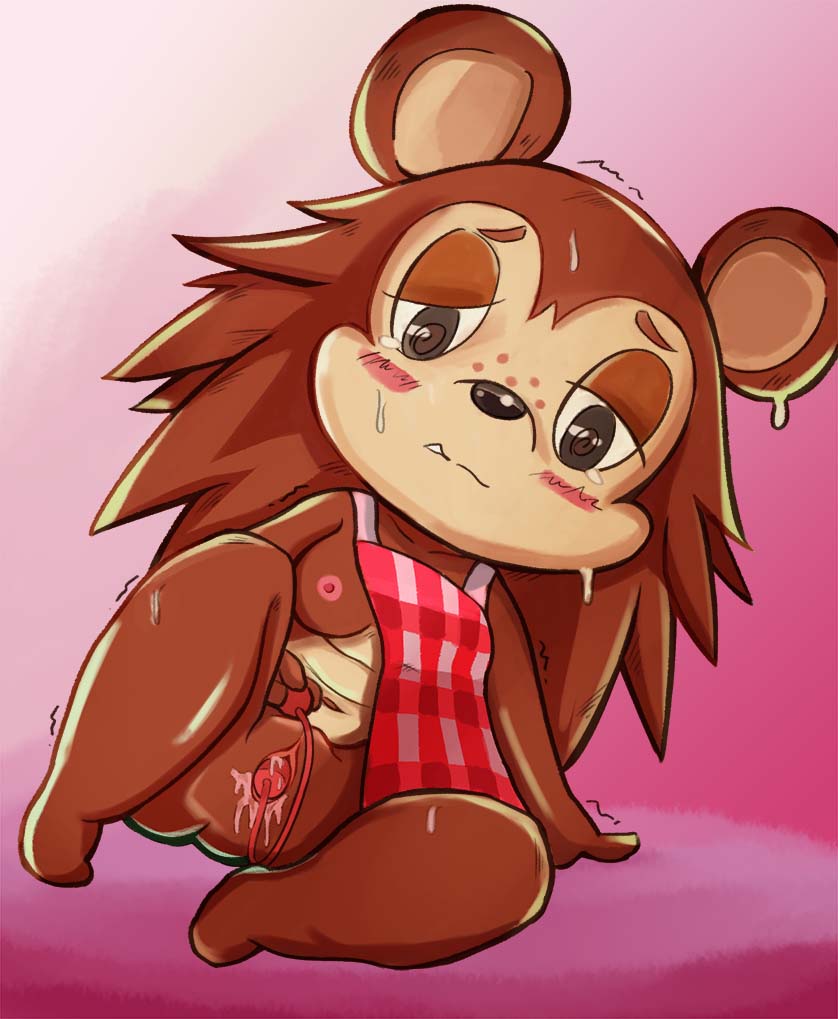 animal_crossing anthro apron apron_only bigmi_nono blush bodily_fluids breasts brown_body brown_eyes brown_fur clothed clothing eulipotyphlan female fur gradient_background half-closed_eyes hedgehog mammal mostly_nude narrowed_eyes nintendo partially_clothed sable_able sex_toy shaking simple_background sitting solo sweat video_games