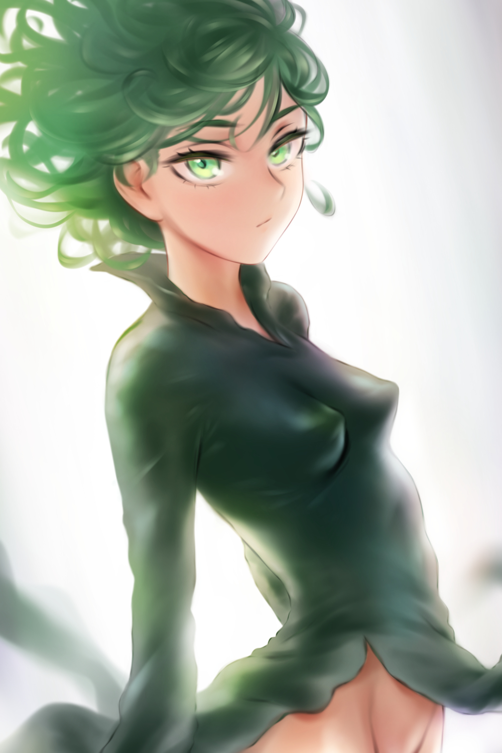 1girls, breasts, erect nipples, female, green hair, half-dressed, medium breasts, nipples, one-punch man, shpo, tatsumaki
