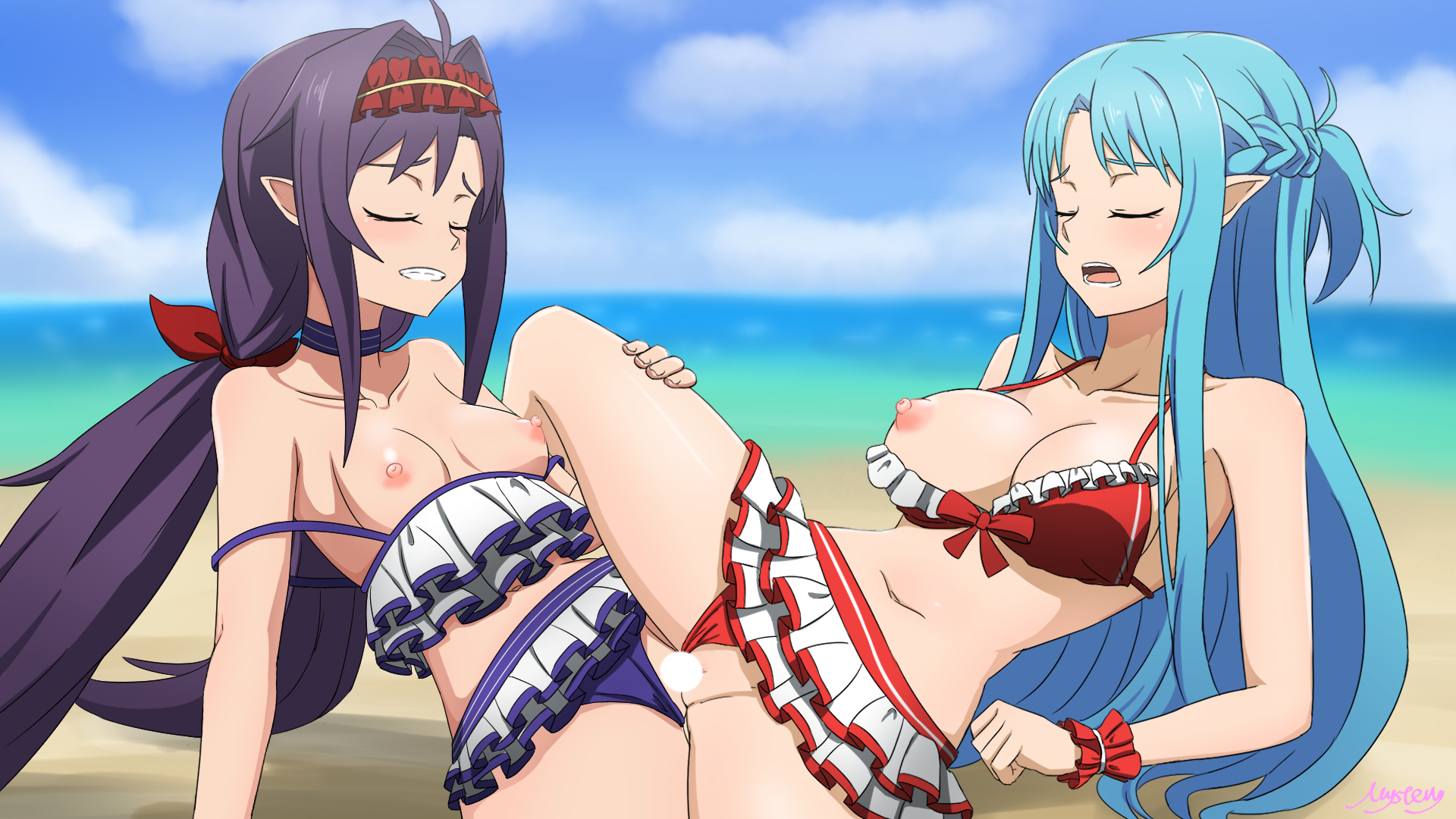 16:9, 2girls, alfheim online, areolae, asuna (sao-alo), bangs, beach, bikini, bikini top, blue eyes, blue hair, blush, braid, breasts, censored, choker, closed eyes, female, flower, frilled bikini, frilled bikini top, frills, hair between eyes, hair ribbon, hairband, happy, happy sex, hibiscus, holding, holding another's leg, holding leg, konno yuuki, layered bikini, lolita hairband, long hair, medium breasts, mysteryctu, nipples, open mouth, outdoors, pointy ears, purple hair, red bikini, red eyes, red flower, red ribbon, ribbon, sidelocks, small breasts, smile, swimsuit, sword art online, tribadism, twintails, very long hair, wrist cuffs, yuri, yuuki asuna