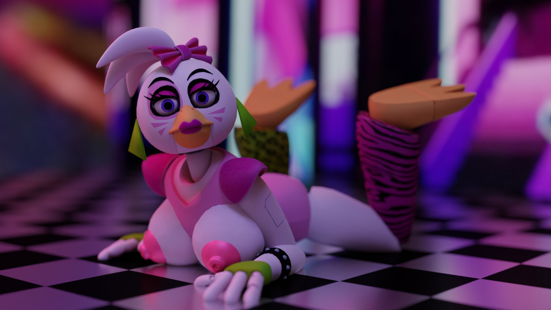 3d, 3d model, beak, breasts, chicken, female, five nights at freddy's, five nights at freddy's: security breach, fnaf, glamrock chica (fnaf), lipstick, looking at viewer, lying on stomach, partially clothed, pink clothing, pink lipstick, pink ribbon, ribbon, robot girl, scottgames, solo, steel wool studios, tagme