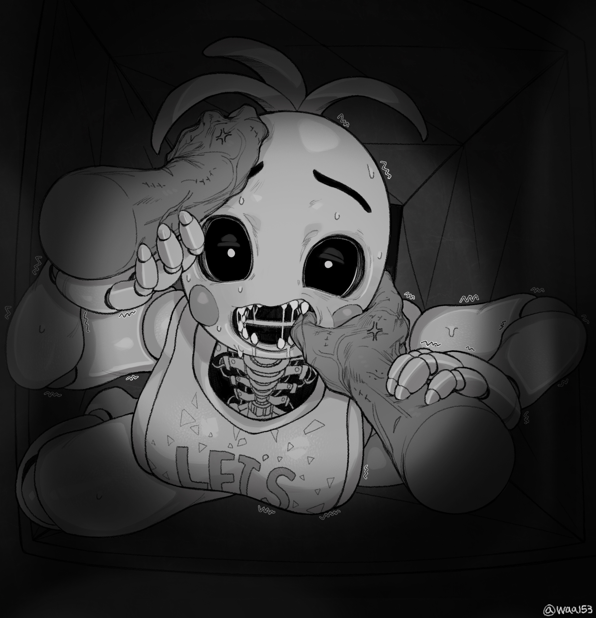 1boy, 1girls, afraid, angry, animatronic, anthro, bib, black and white, breasts, crawling, disembodied hand, drooling, endoskeleton, female, five nights at freddy's, five nights at freddy's 2, fnaf2 location, grabbing head, hand in mouth, hand on head, head grab, human, laying down, male, monochrome, muscular, on stomach, panic, pov, pov eye contact, pov hands, robot, robot girl, security guard, struggling, sweat, text, thumb in mouth, toy chica (fnaf), veiny arms, vent, waa153