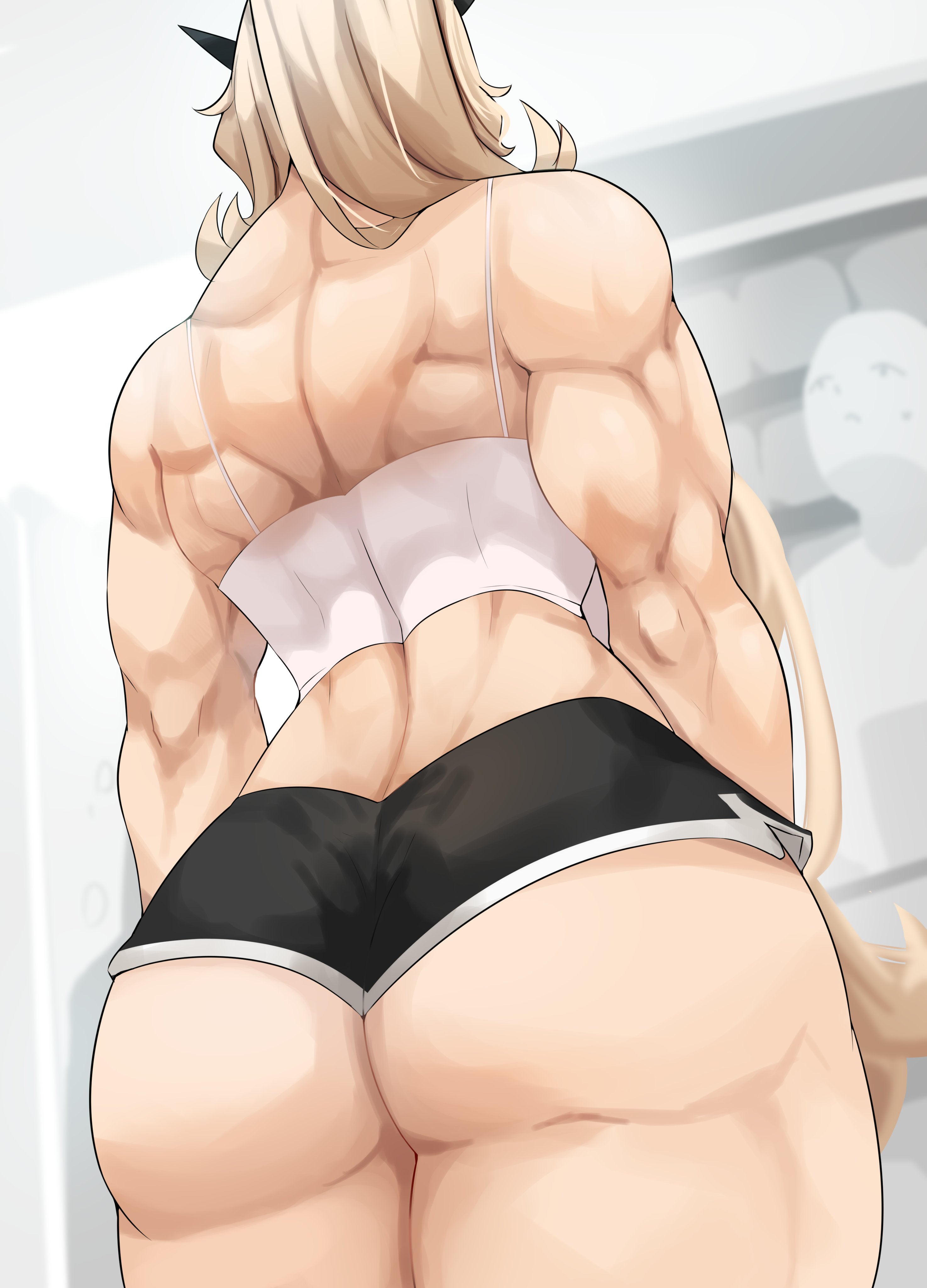1girls, 1other, absurdres, ambiguous gender, ass, back, bare shoulders, barghest (gawain) (fate), biceps, black shorts, blonde hair, breasts, camisole, cromwellb, dolphin shorts, fate (series), fate/grand order, female, highres, horns, long hair, muscular, muscular back, muscular female, short shorts, shorts, solo focus, thick thighs, thighs, underbutt, white camisole