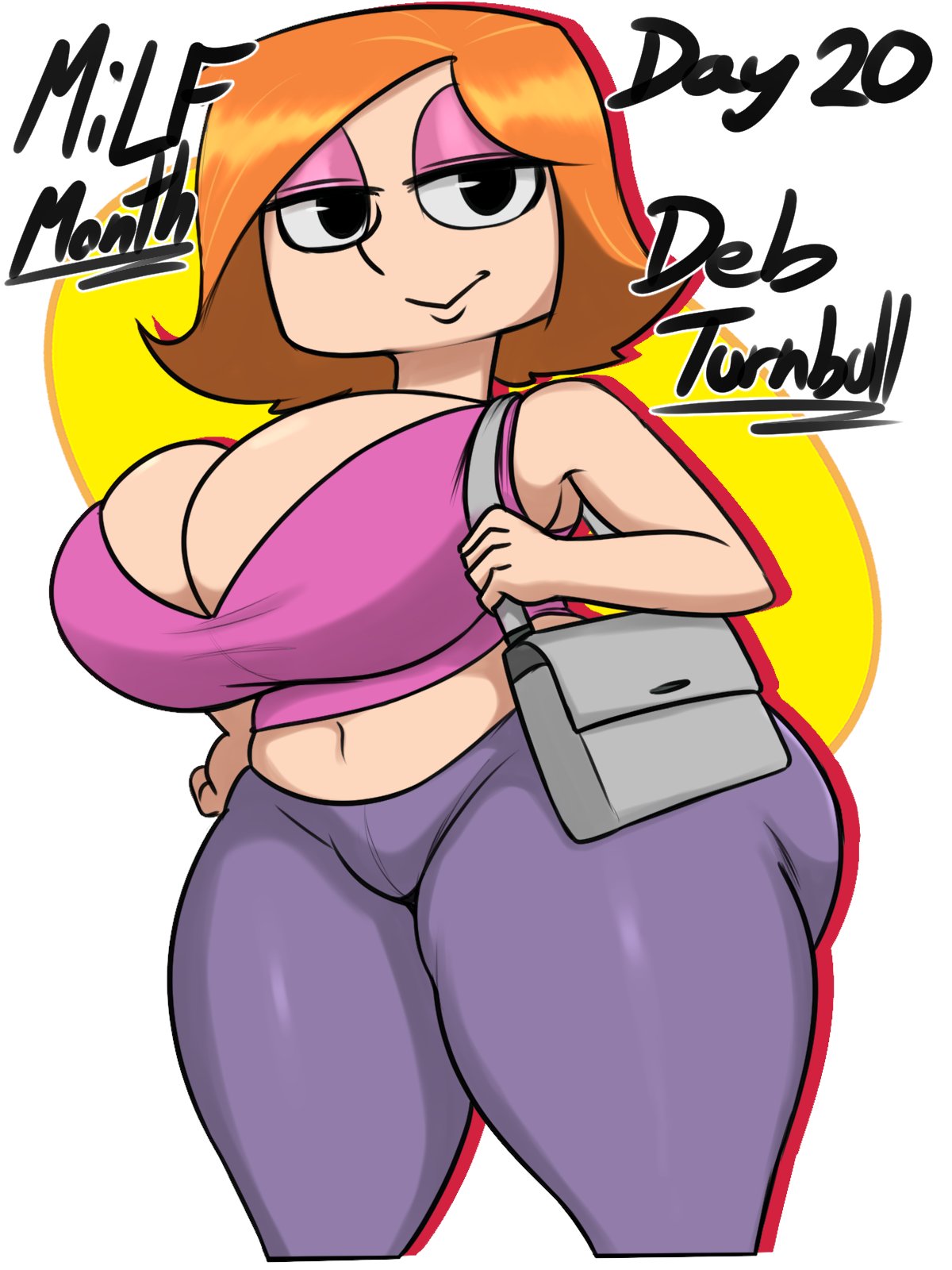 1girls ass bag bare_shoulders big_ass big_breasts big_butt breasts cleavage clothed clothing debbie_turnbull debs_turnbull female female_only handbag jyto large_ass large_breasts looking_at_viewer milf navel orange_hair robotboy short_hair simple_background smile solo solo_female thick_thighs voluptuous wide_hips